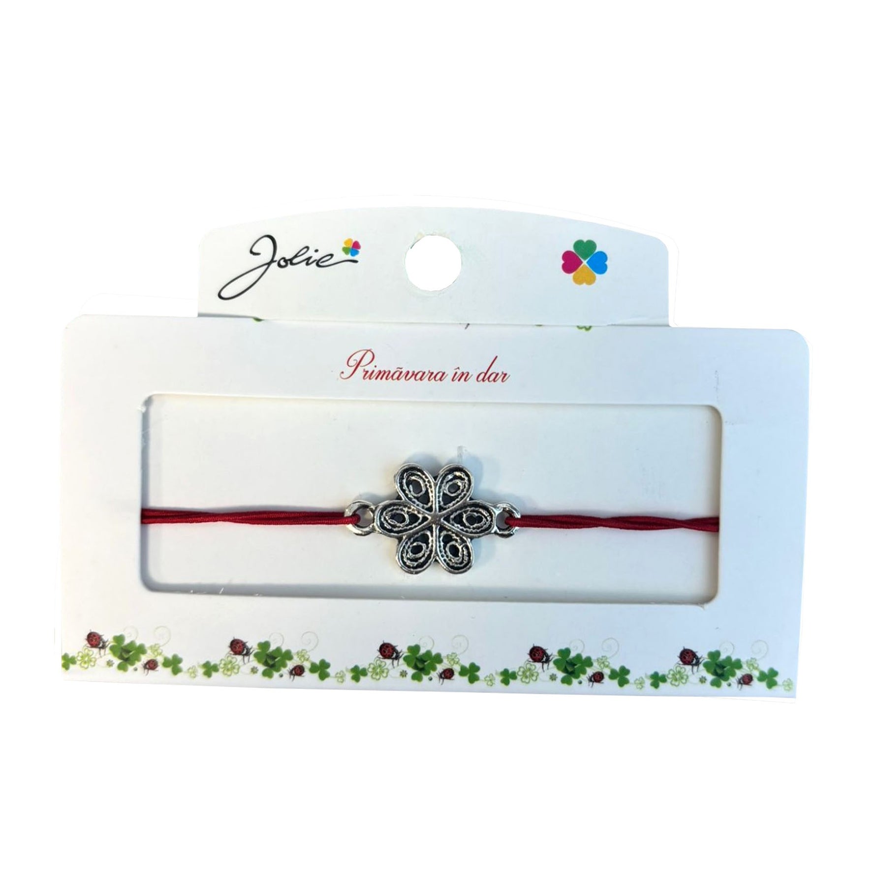 Martisor tip Bratara cu Pandantiv Metalic, Jolie, Snur Textil Rosu, Model Floare, Dimensiune Reglabila, Nod Dublu,