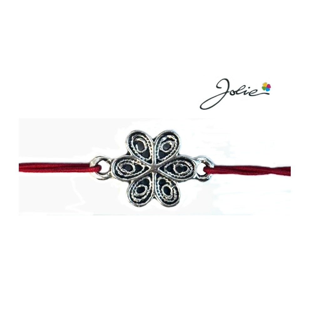 Martisor tip Bratara cu Pandantiv Metalic, Jolie, Snur Textil Rosu, Model Floare, Dimensiune Reglabila, Nod Dublu,