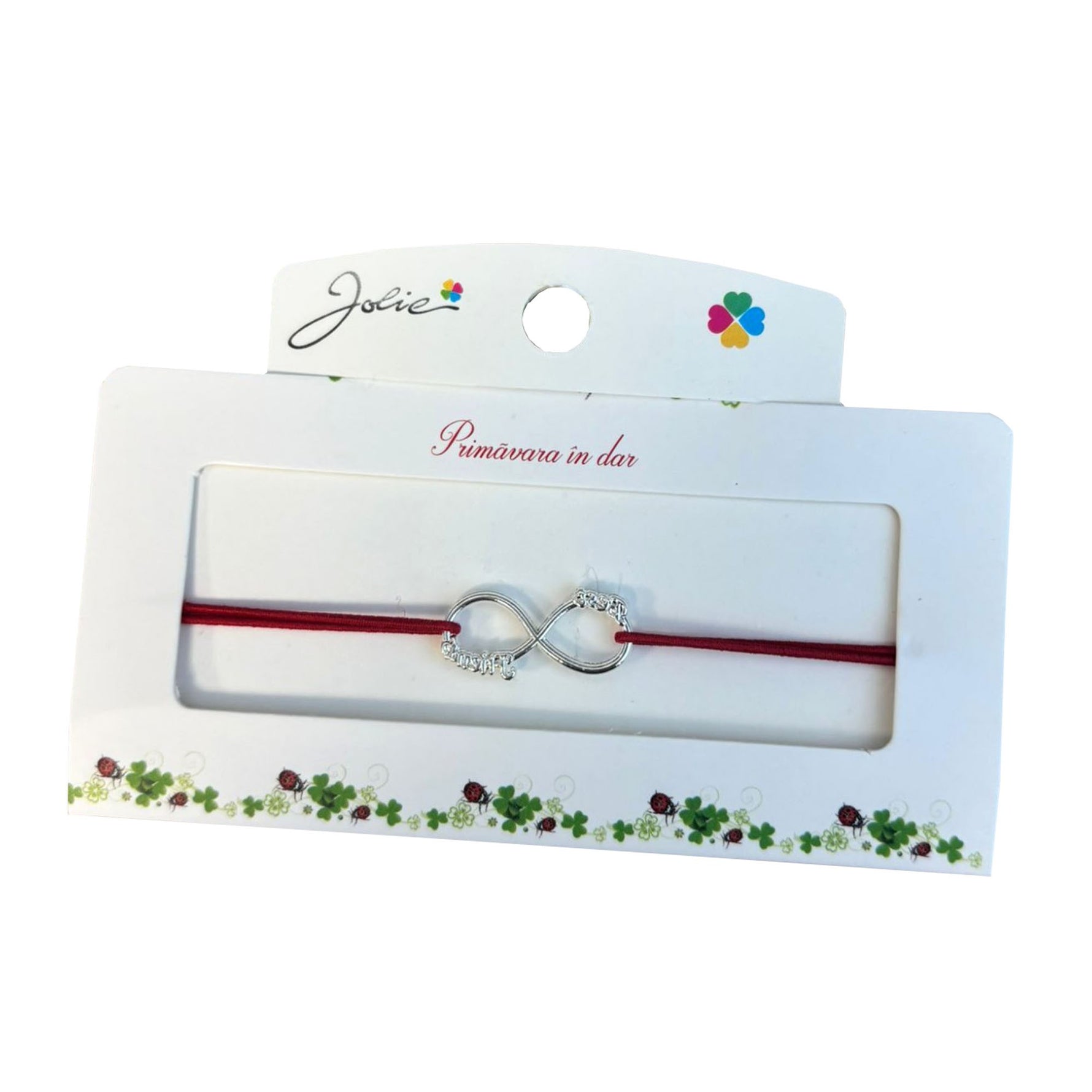 Martisor tip Bratara cu Pandantiv Metalic, Jolie, Snur Textil Rosu, Model Infinit, Dimensiune Reglabila, Nod Dublu,