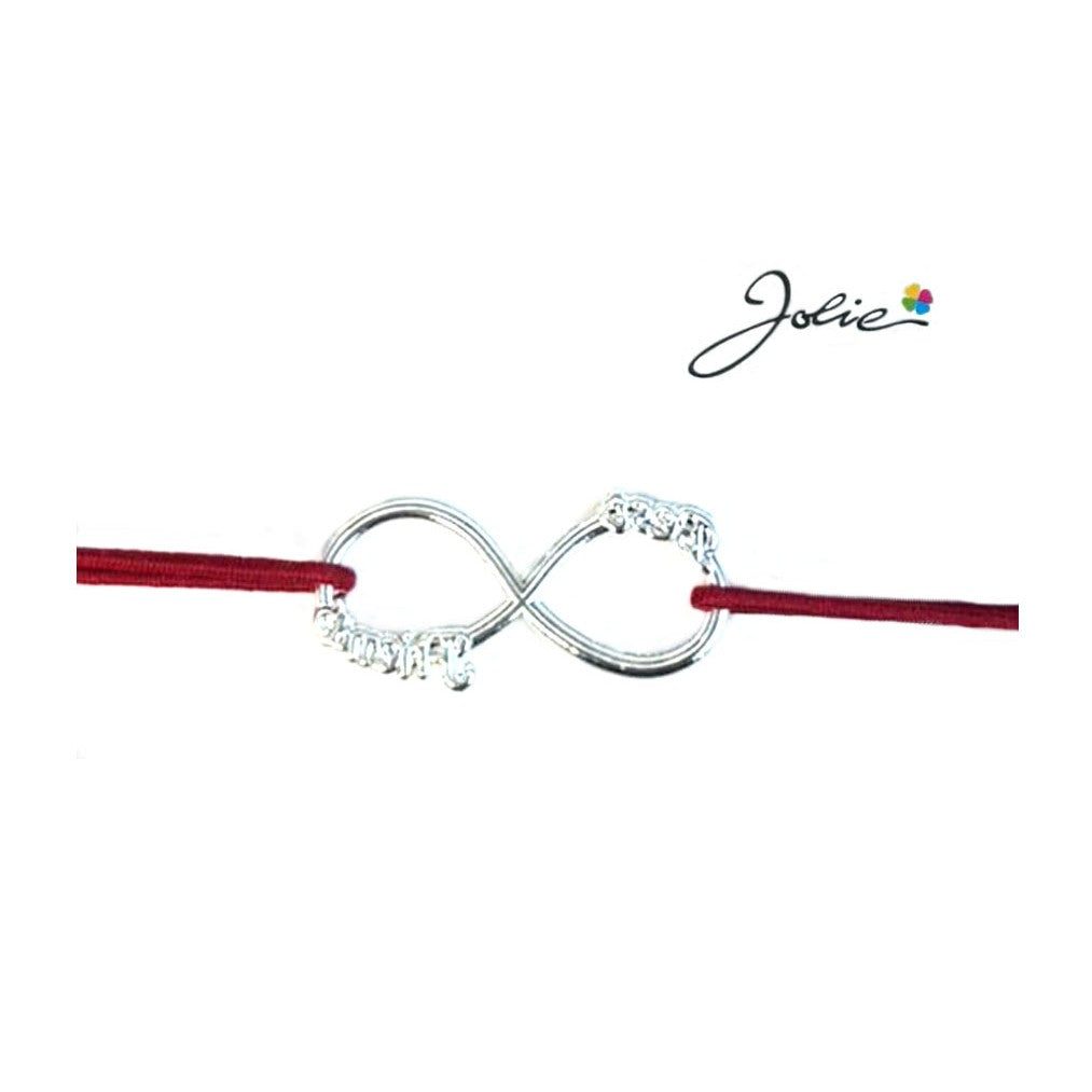Martisor tip Bratara cu Pandantiv Metalic, Jolie, Snur Textil Rosu, Model Infinit, Dimensiune Reglabila, Nod Dublu,