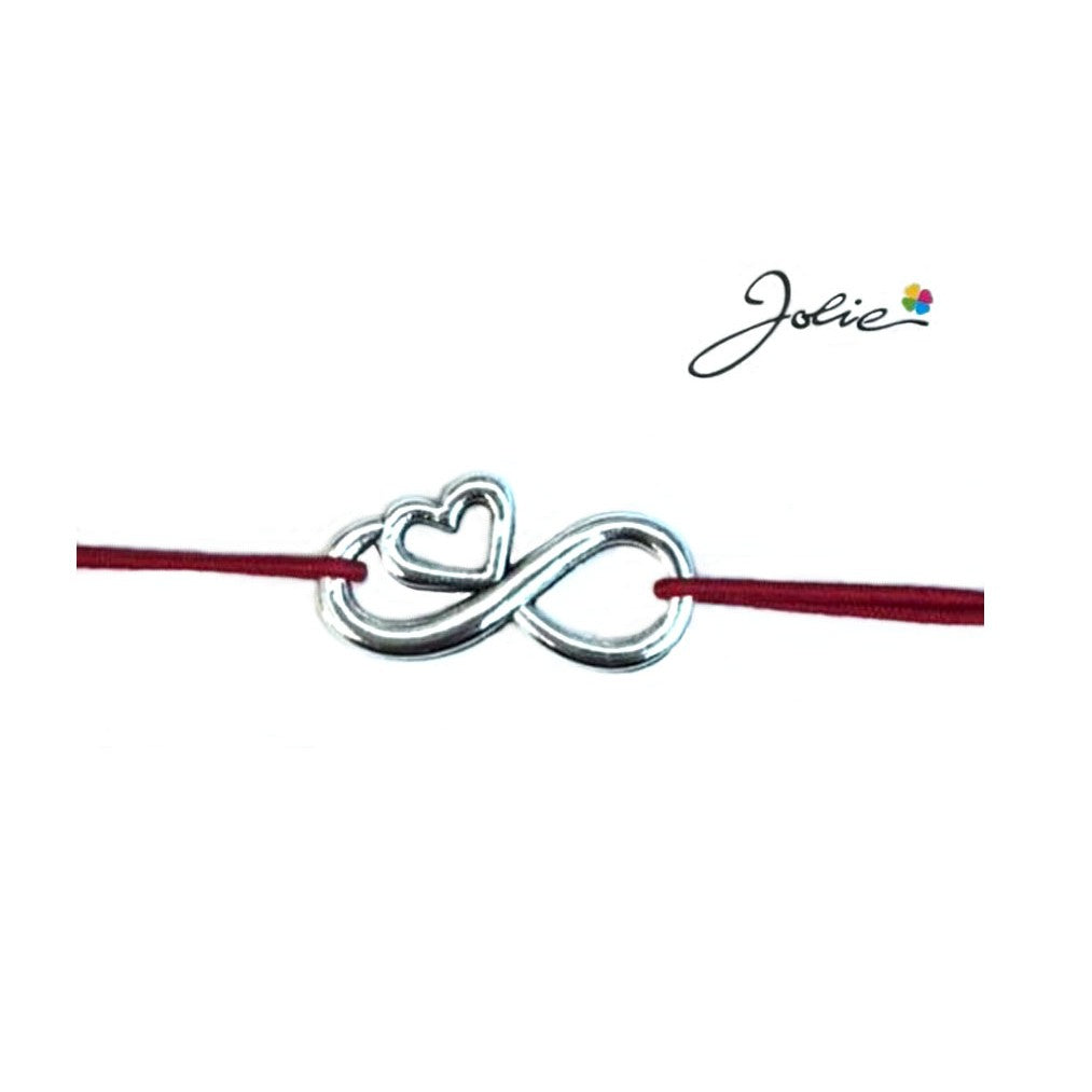 Martisor tip Bratara cu Pandantiv Metalic, Jolie, Snur Textil Rosu, Model Infinit Inima, Dimensiune Reglabila, Nod