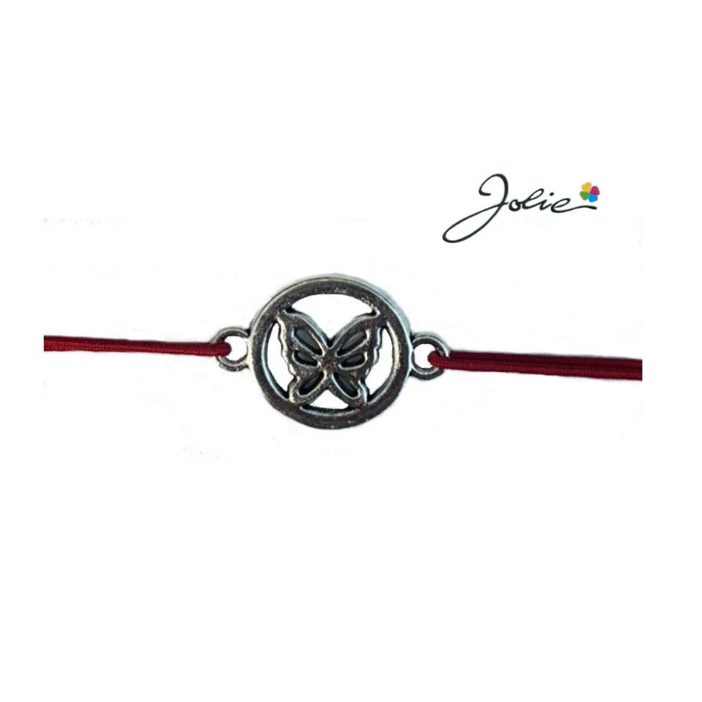 Martisor tip Bratara cu Pandantiv Metalic, Jolie, Snur Textil Rosu, Model Fluture Cerc, Dimensiune Reglabila, Nod