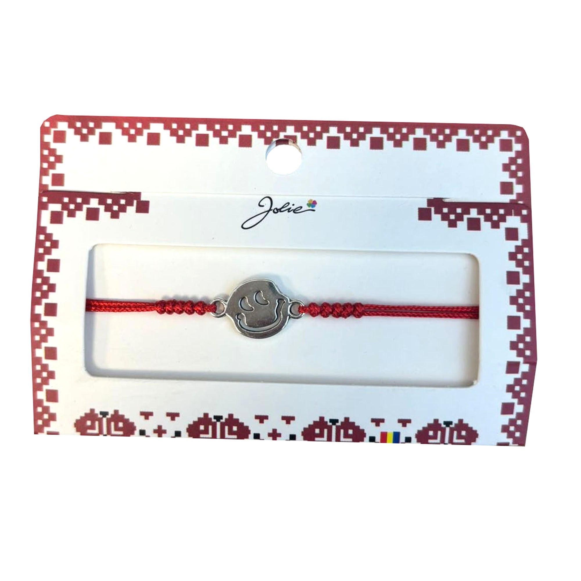 Martisor tip Bratara cu Pandantiv Metalic, Jolie, cu Snur Textil Rosu Impletit, Model Fata Zambitoare, Dimensiune
