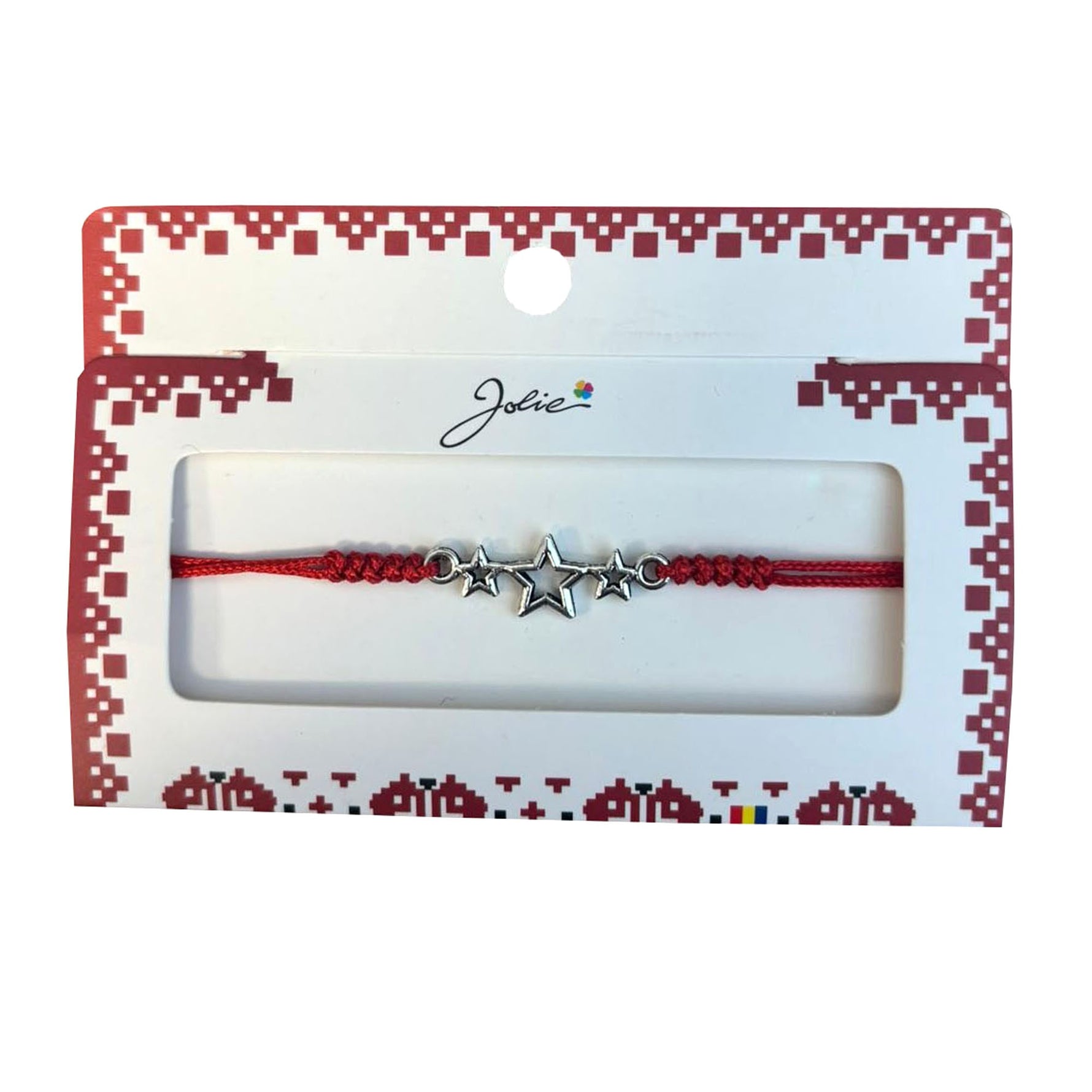 Martisor tip Bratara cu Pandantiv Metalic, Jolie, cu Snur Textil Rosu Impletit, Model Stelute, Dimensiune Reglabila,
