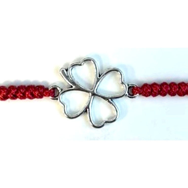 Martisor tip Bratara cu Pandantiv Metalic, Jolie, cu Snur Textil Rosu Impletit, Model Trifoi cu Patru Foi, Dimensiune