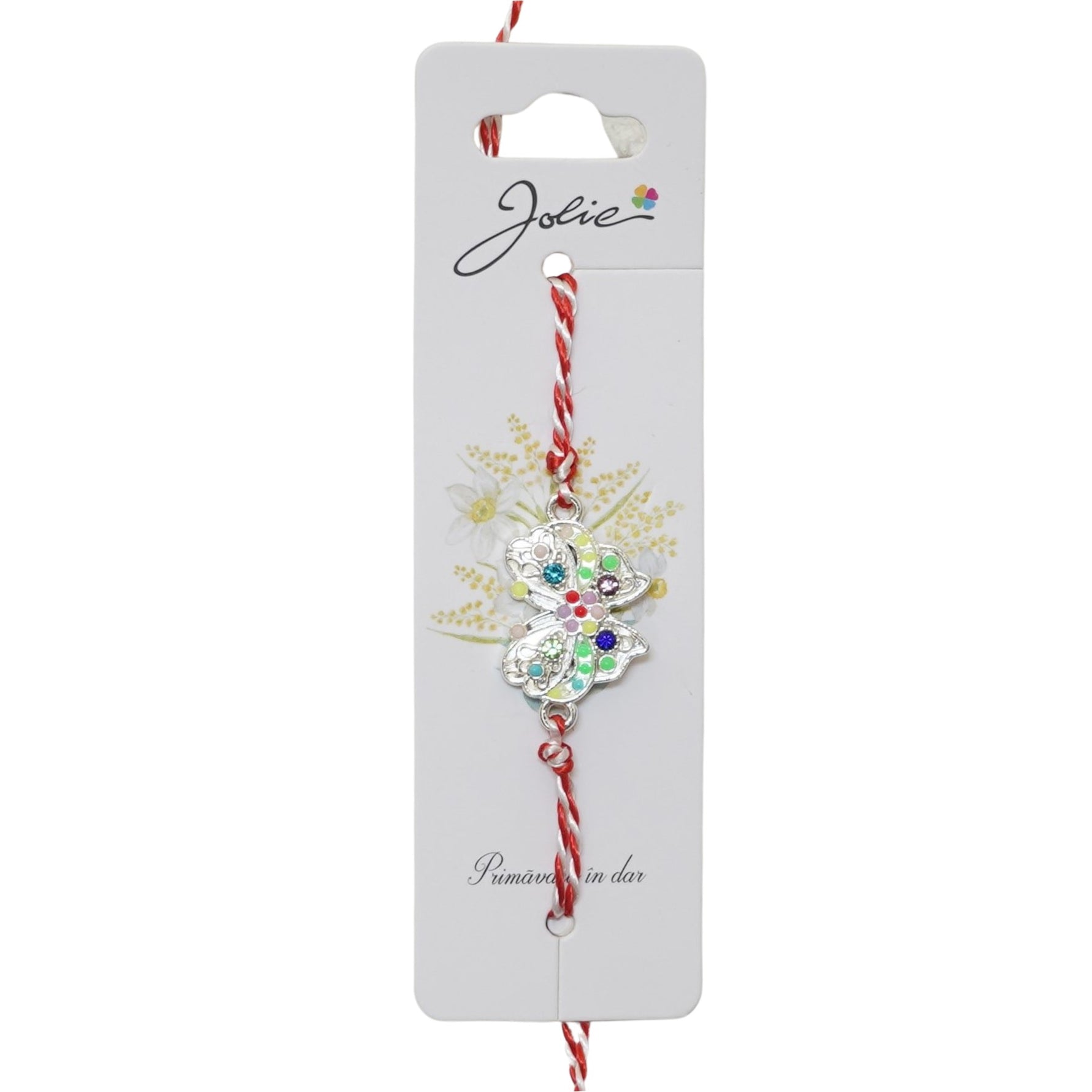 Martisor Bratara Snur Alb-Rosu, Jolie, Pandantiv Metalic, Model Fluture Pietre Colorate