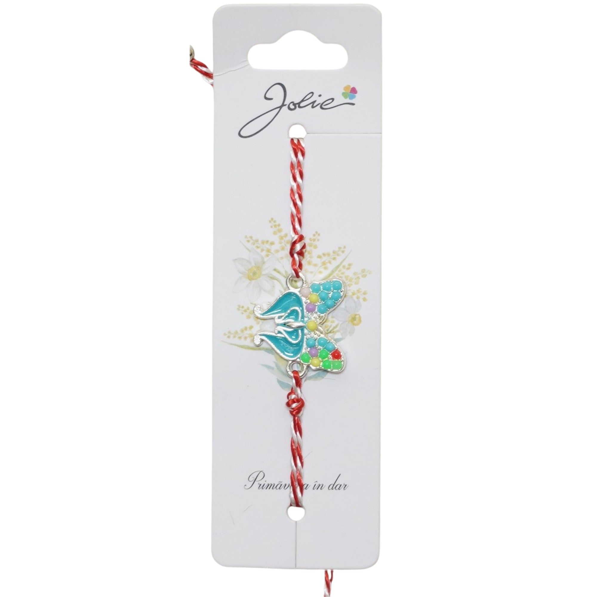 Martisor Bratara Snur Alb-Rosu, Jolie, Pandantiv Metalic, Model Fluture Pietre si Email