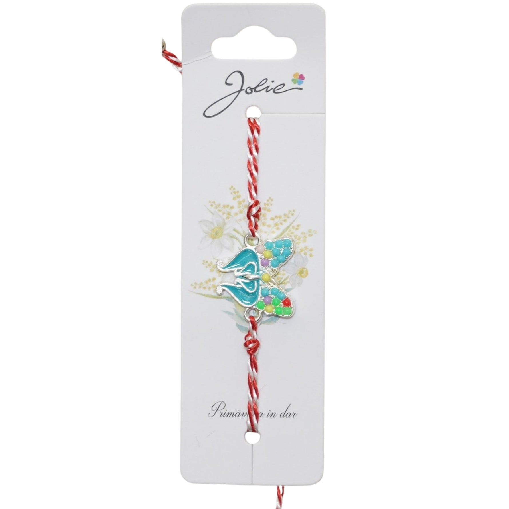 Martisor Bratara Snur Alb-Rosu, Jolie, Pandantiv Metalic, Model Fluture Pietre si Email