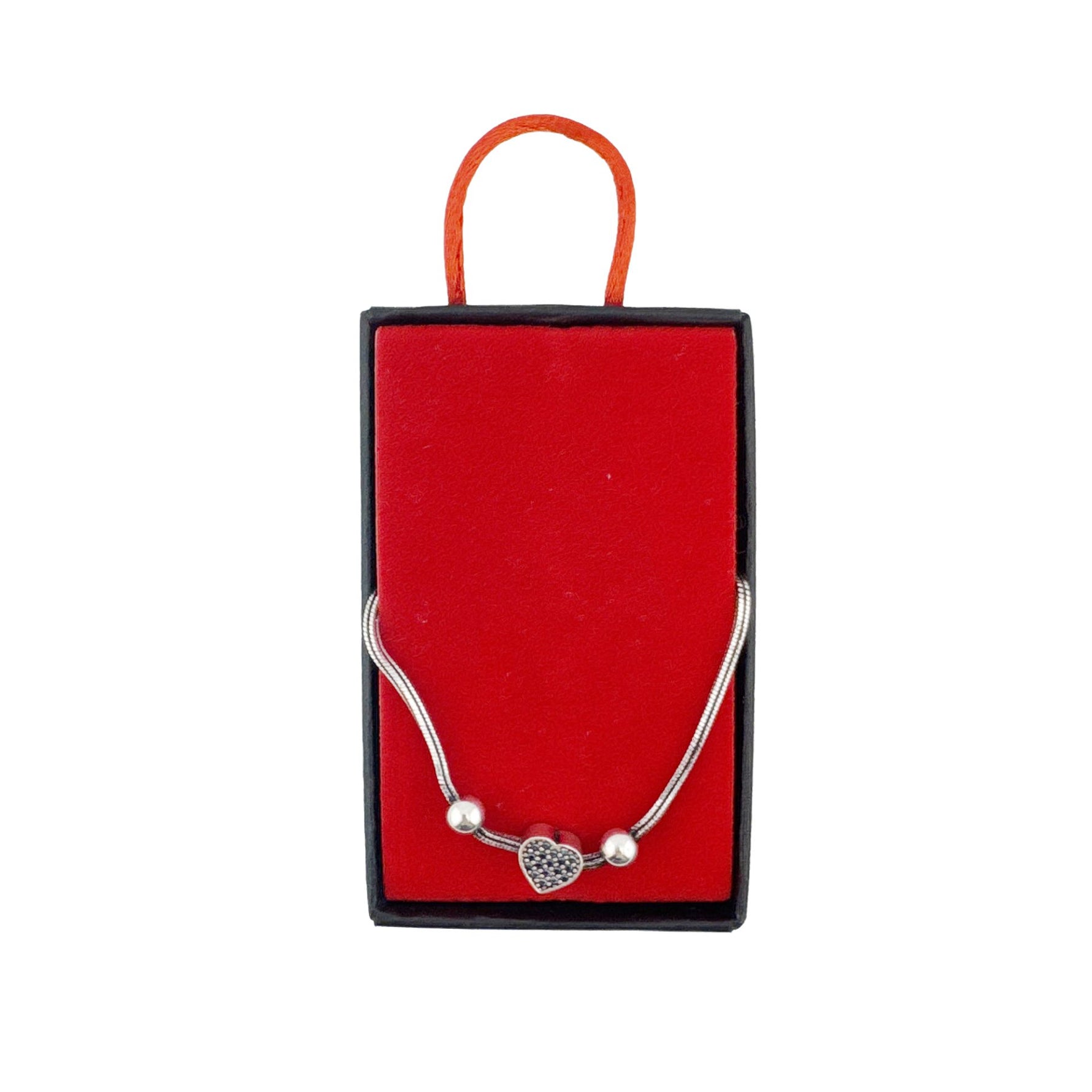 Bratara din Argint 925, pentru Dama, Jolie Silver, Model Snake cu Charm Inima si Cristale Negre, 4.86 g, Lungime