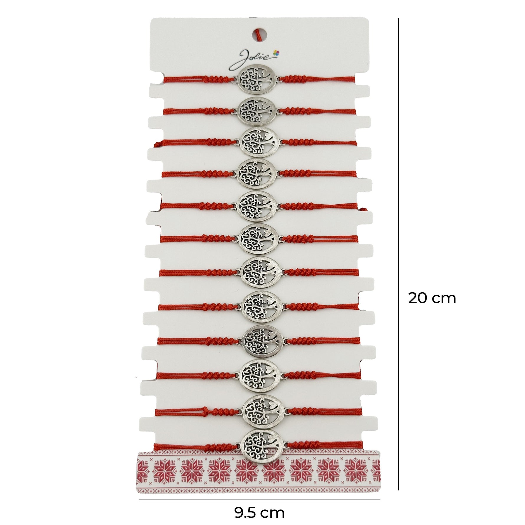 Bratara Martisor pentru Dama, Jolie, Model Copac Rotund, Set 12 bucati, Pandativ Argintiu din Inox cu Snur Rosu