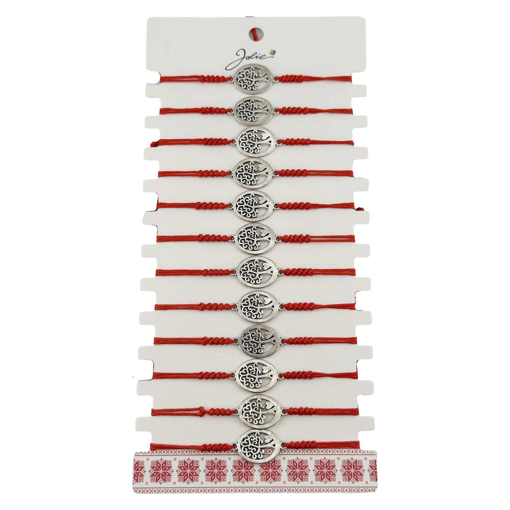 Bratara Martisor pentru Dama, Jolie, Model Copac Rotund, Set 12 bucati, Pandativ Argintiu din Inox cu Snur Rosu