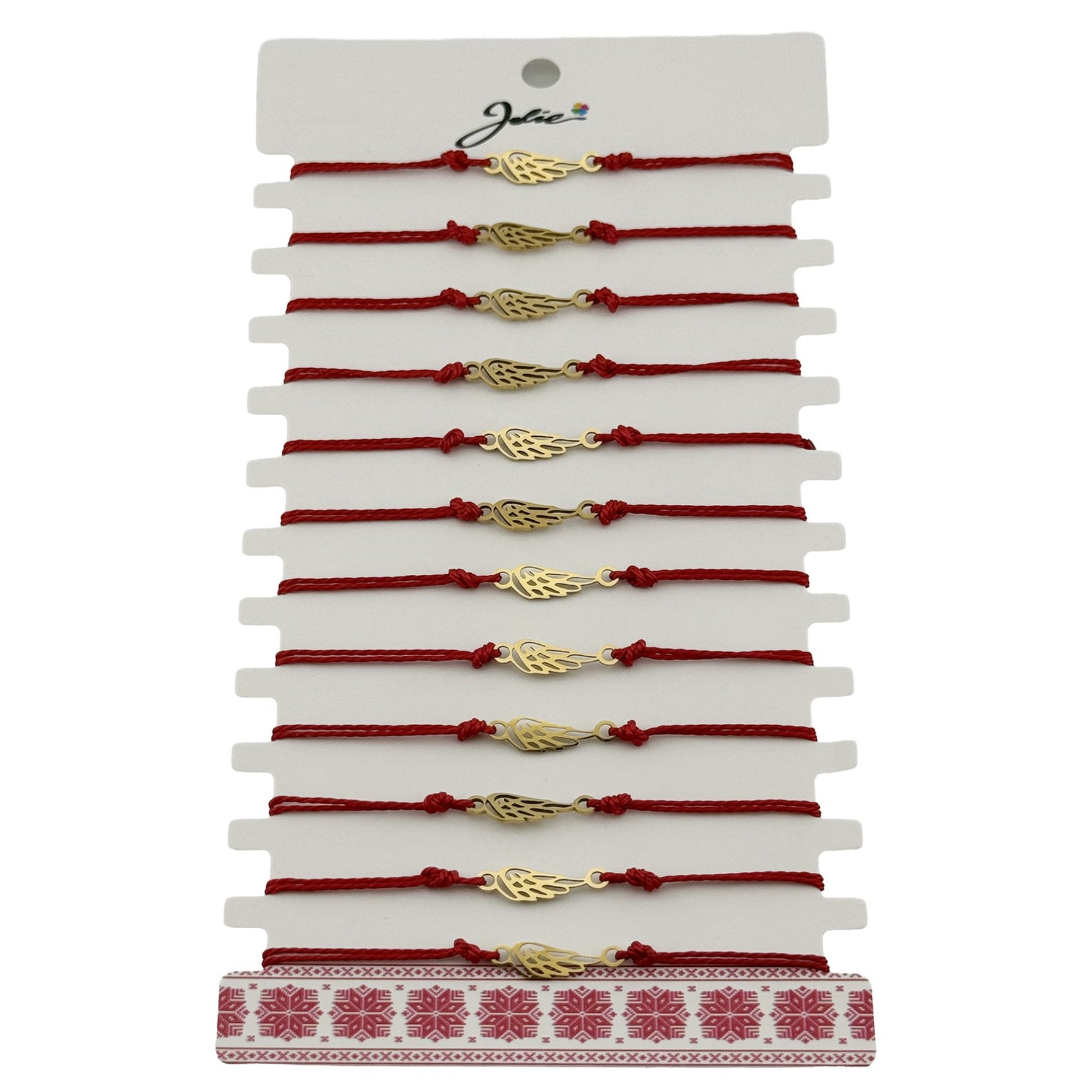 Bratara Martisor pentru Dama, Jolie, Model Aripa, Set 12 bucati, Pandativ din Inox Auriu, Snur Ajustabil Impletit, Rosu