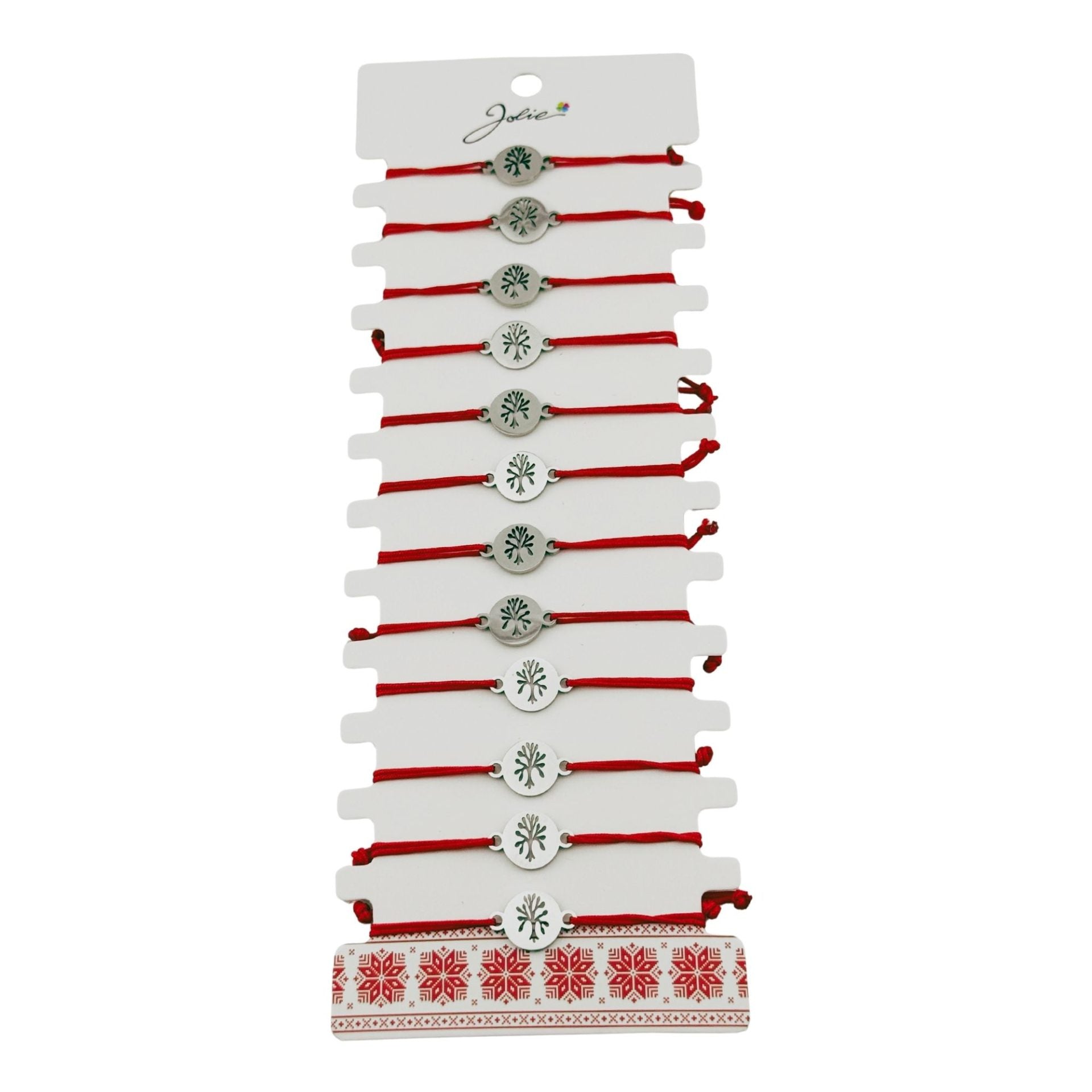 Bratara Martisor pentru Dama, Jolie, Model Copacul Vietii, Set 12 bucati, Pandativ Argintiu din Inox cu Snur Rosu