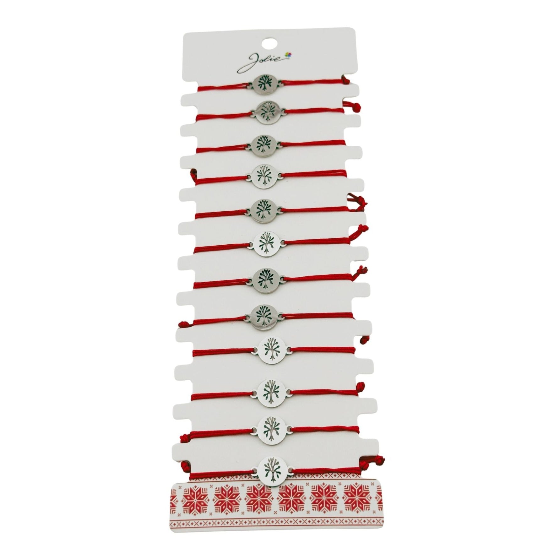 Bratara Martisor pentru Dama, Jolie, Model Copacul Vietii, Set 12 bucati, Pandativ Argintiu din Inox cu Snur Rosu