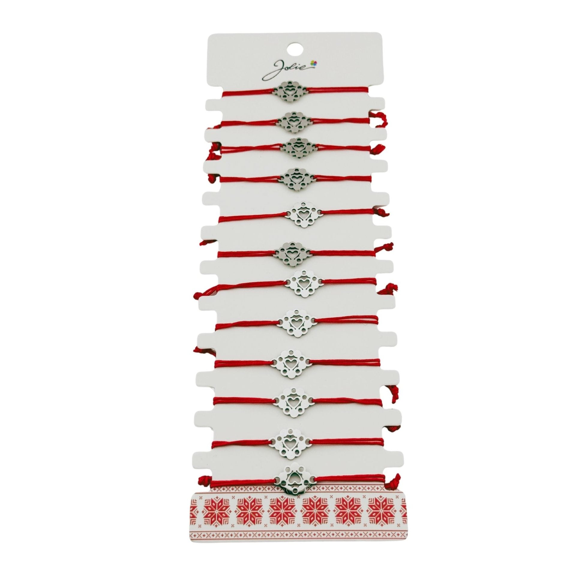 Bratara Martisor pentru Dama, Jolie, Model Inima in Floare, Set 12 bucati, Pandativ Argintiu din Inox cu Snur Rosu