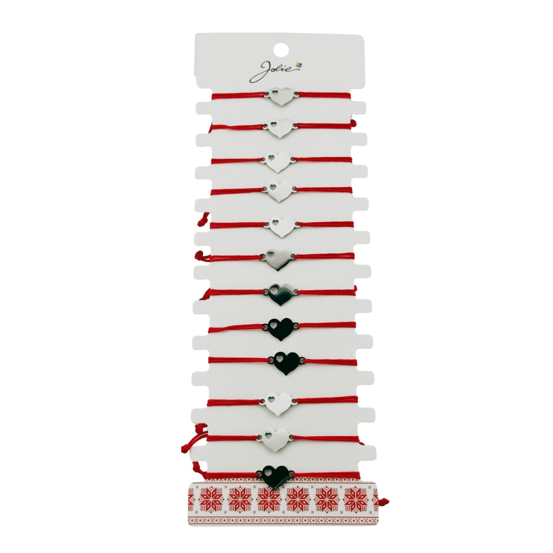 Bratara Martisor pentru Dama, Jolie, Model Inima, Set 12 bucati, Pandativ Argintiu din Inox cu Snur Rosu Ajustabil