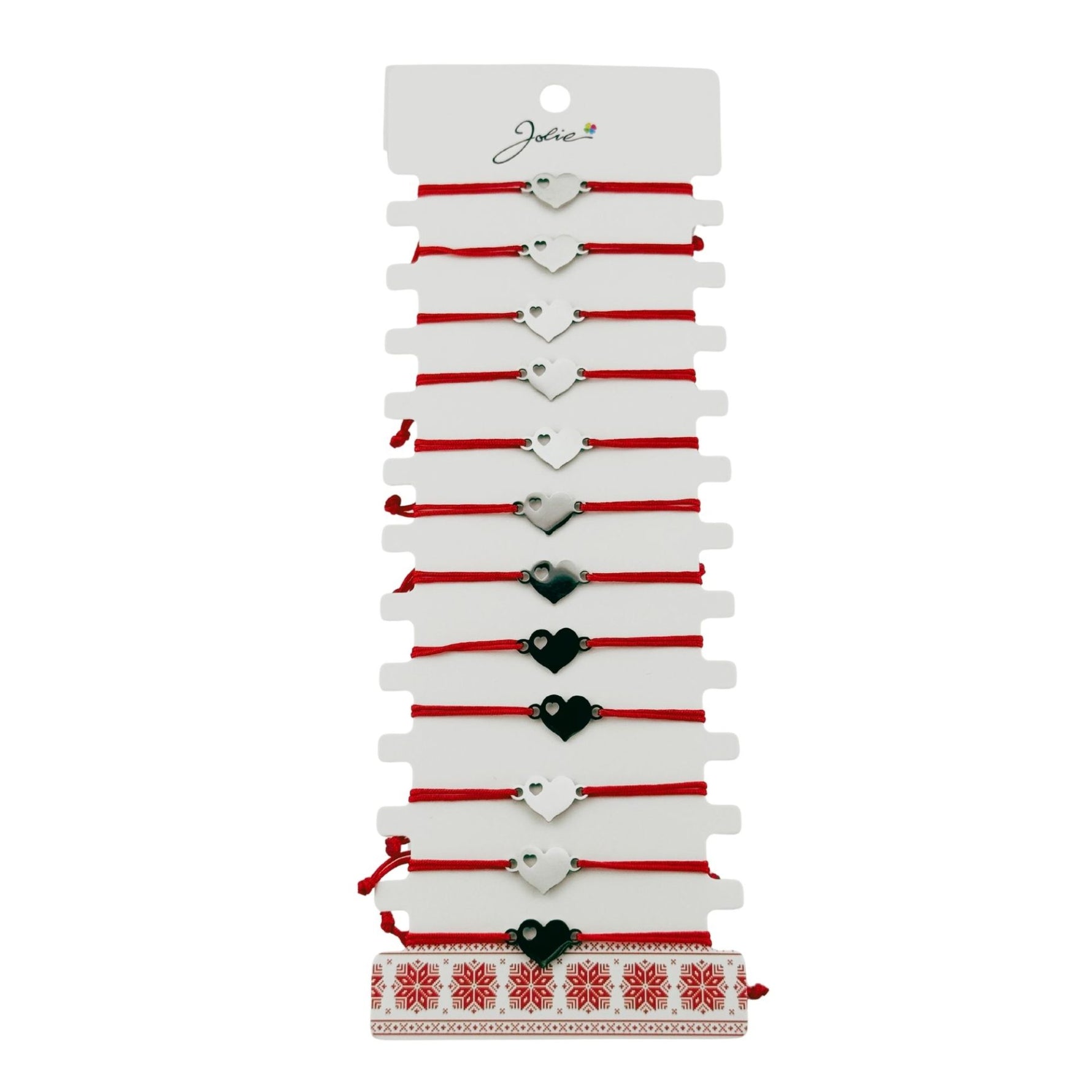 Bratara Martisor pentru Dama, Jolie, Model Inima, Set 12 bucati, Pandativ Argintiu din Inox cu Snur Rosu Ajustabil