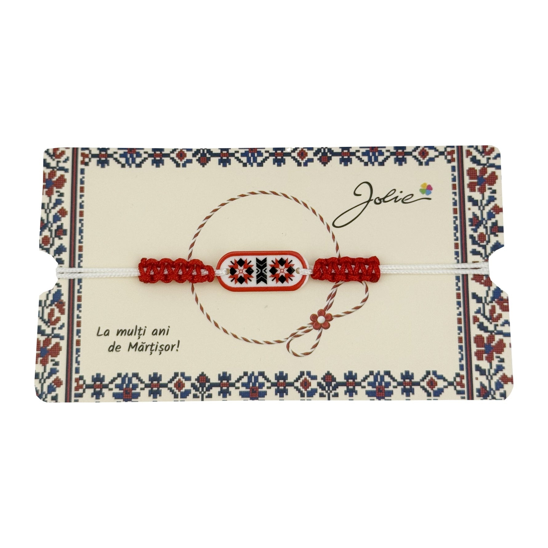Martisor de Tip Bratara Norocoasa, Jolie, Ornament Central cu Motive Populare, Model Rosu, Dimensiune Reglabila,