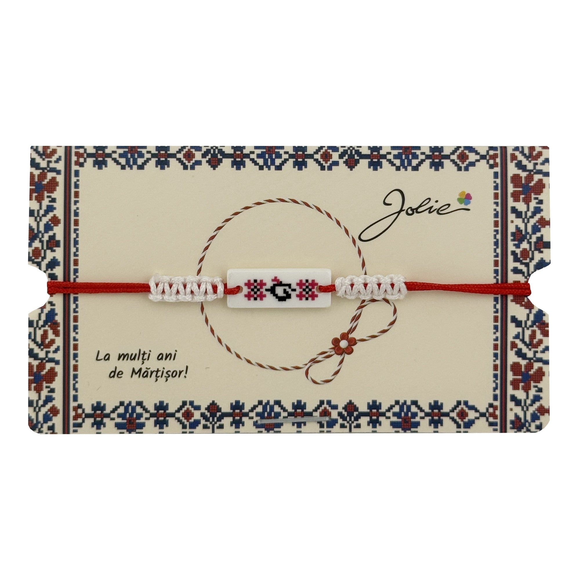 Martisor de Tip Bratara Norocoasa, Jolie, Ornament Central cu Motive Populare, Model Alb, Dimensiune Reglabila, Ambalaj
