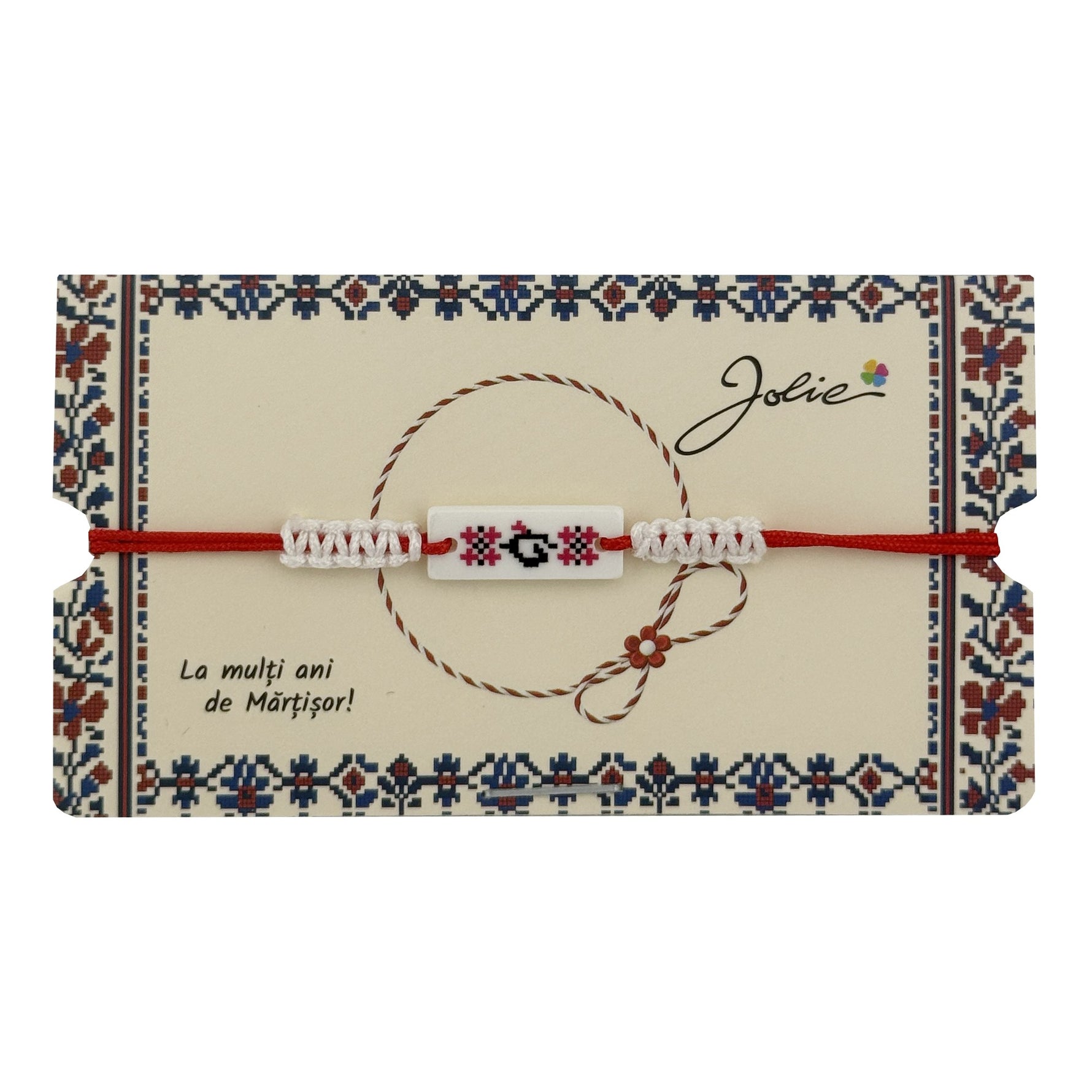 Martisor de Tip Bratara Norocoasa, Jolie, Ornament Central cu Motive Populare, Model Alb, Dimensiune Reglabila, Ambalaj