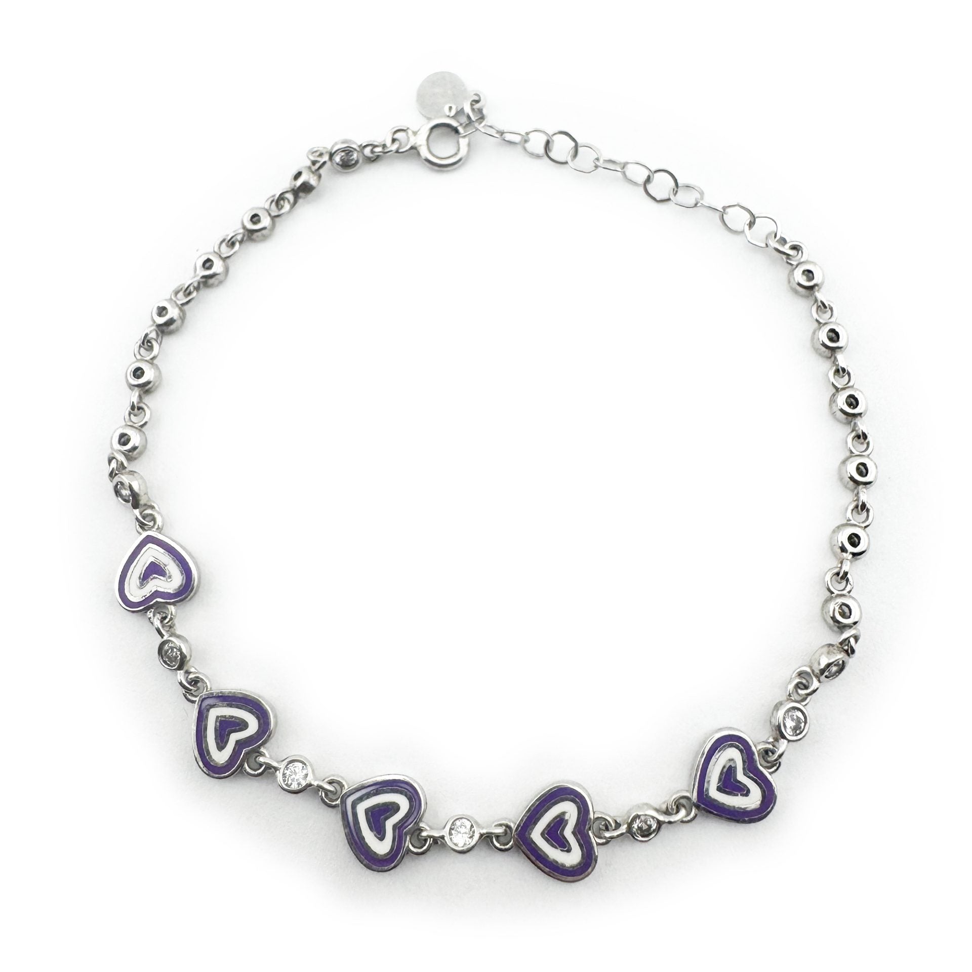 Bratara pentru Copii, Jolie, Argint 925, Model Inima, cu Email si Zirconiu, 22 cm/4.4g Argintiu/Mov/Alb