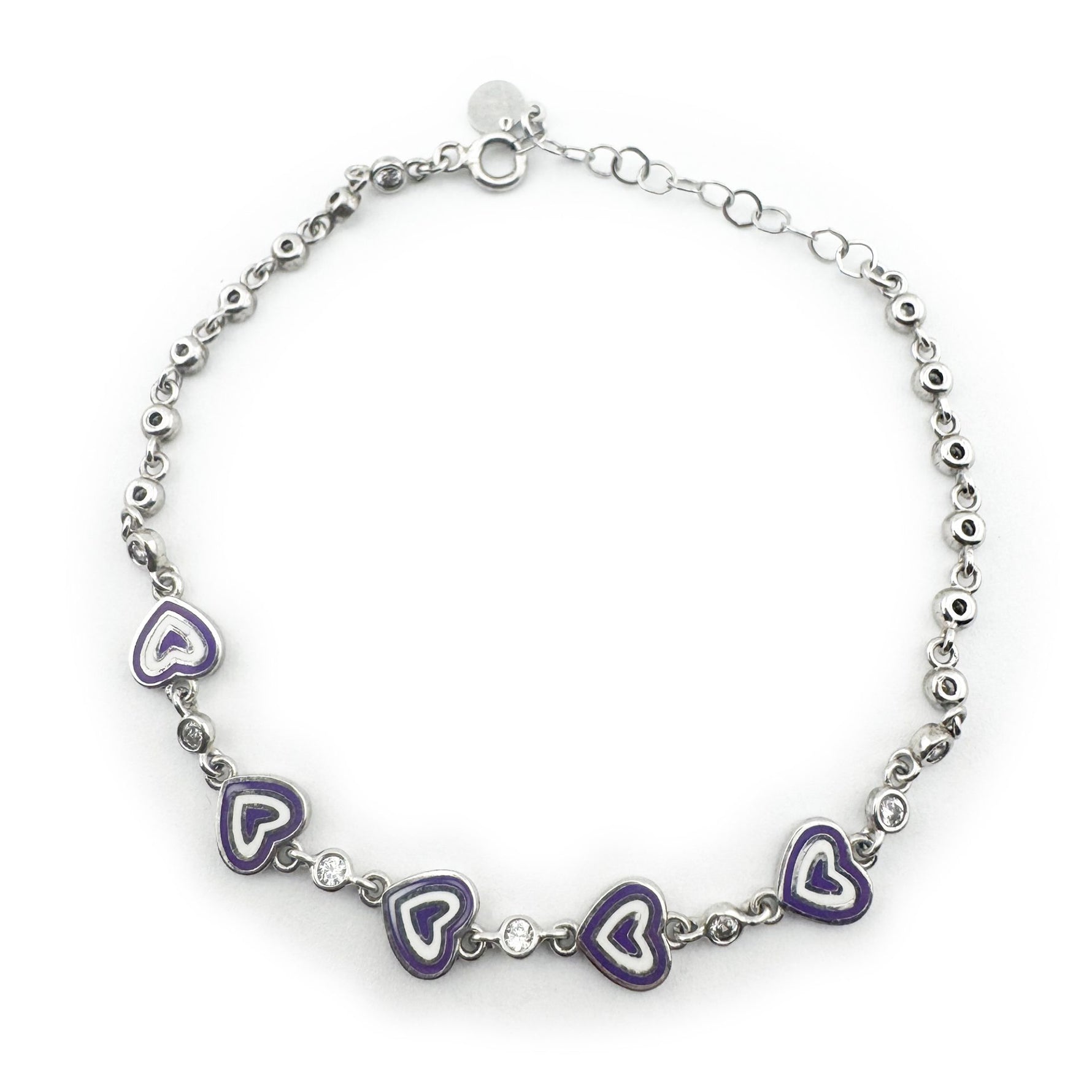 Bratara pentru Copii, Jolie, Argint 925, Model Inima, cu Email si Zirconiu, 22 cm/4.4g Argintiu/Mov/Alb