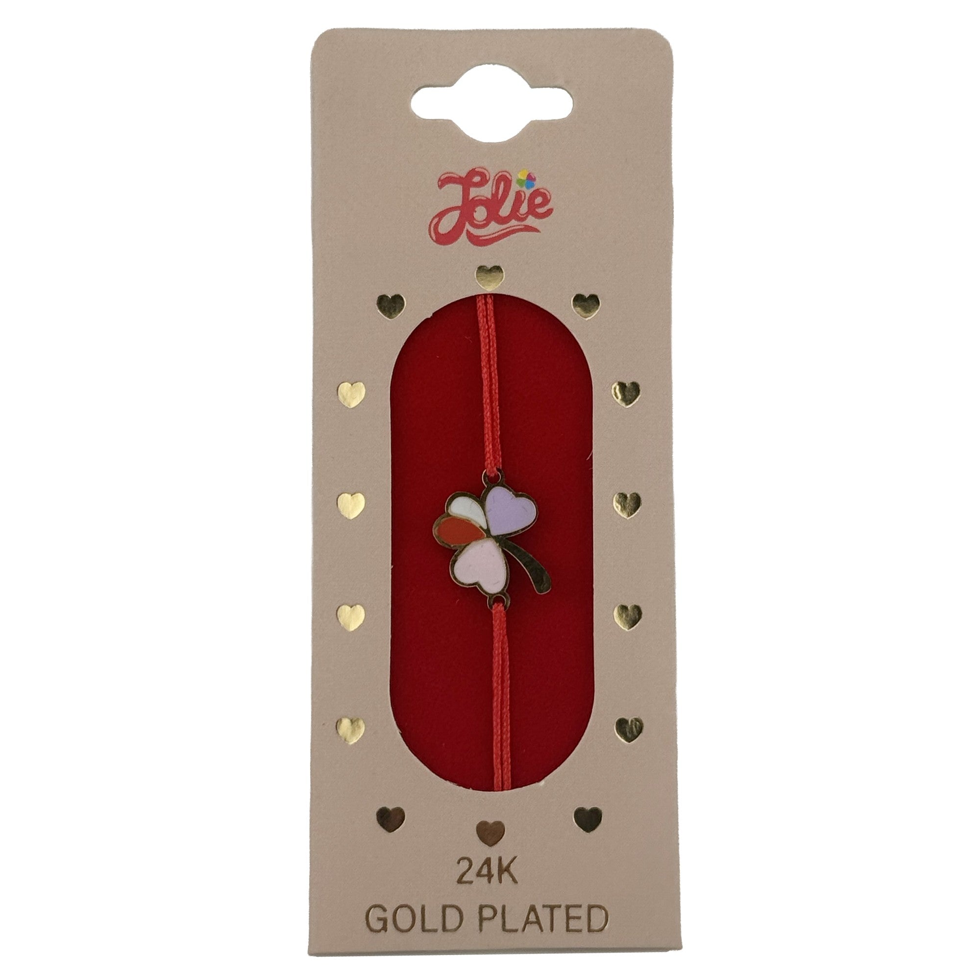 Bratara Placata cu Aur 24k Copii, Jolie, Model Trifoi cu Patru Foi, cu Snur Rosu, 3.5 x 9.5, Multicolor