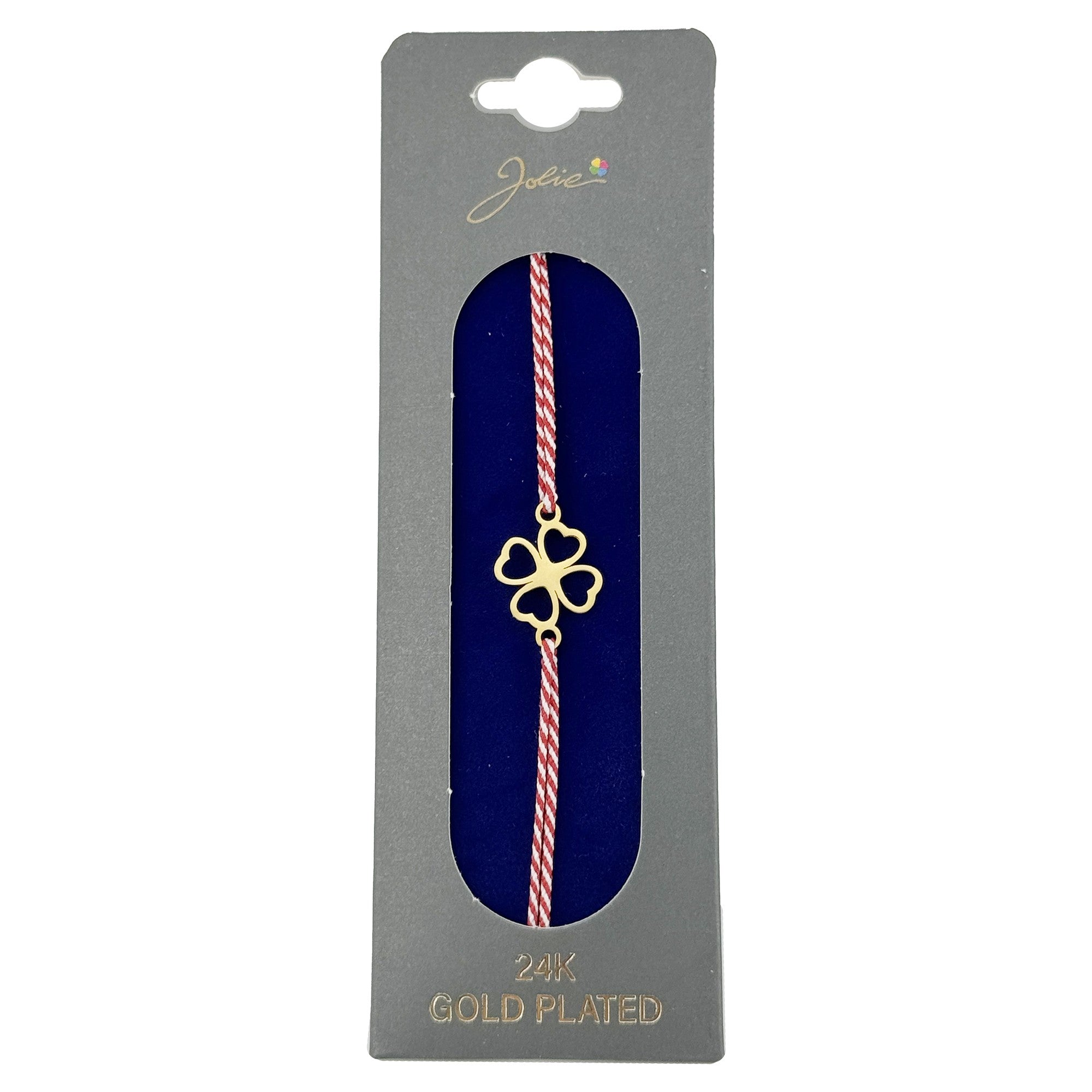 Bratara Placata cu Aur 24k, Jolie, Model TRIFOI, Martisor Bratara, cu Snur Alb/Rosu, Auriu