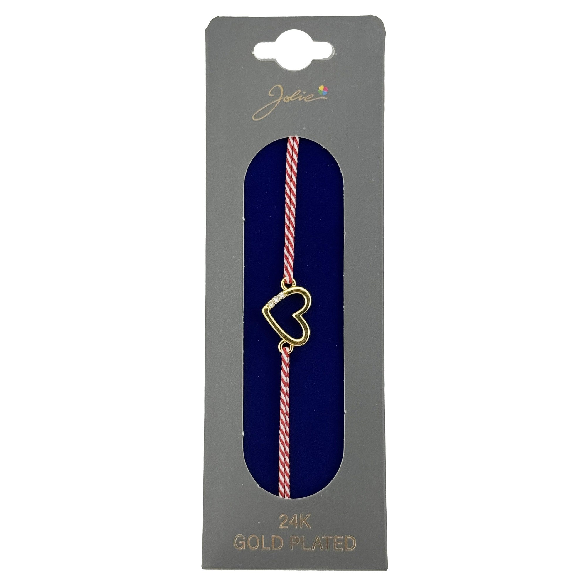 Bratara Placata cu Aur 24k, Jolie, Model INIMA cu 3 Pietre, Martisor Bratara, cu Snur Alb/Rosu, Auriu