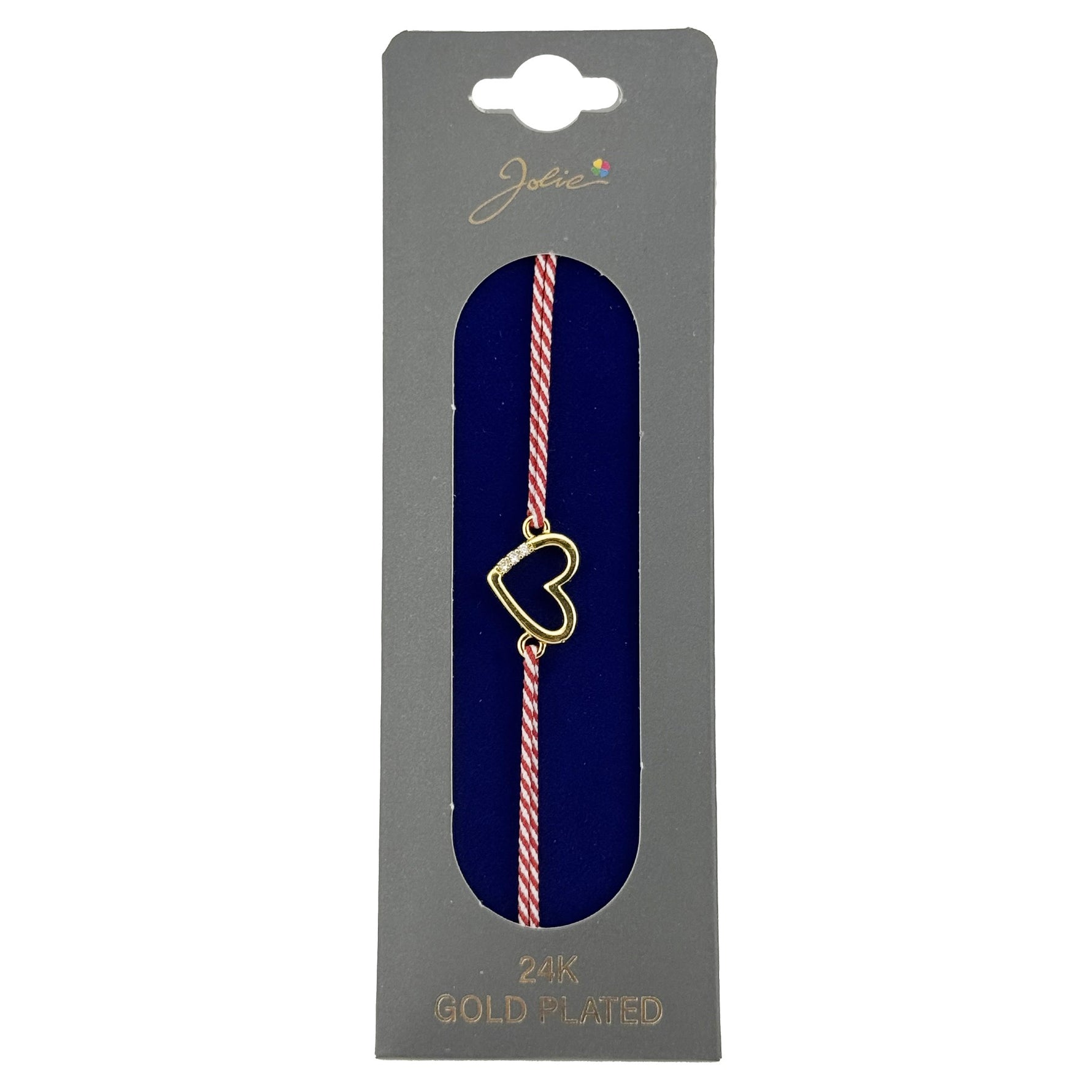 Bratara Placata cu Aur 24k, Jolie, Model INIMA cu 3 Pietre, Martisor Bratara, cu Snur Alb/Rosu, Auriu