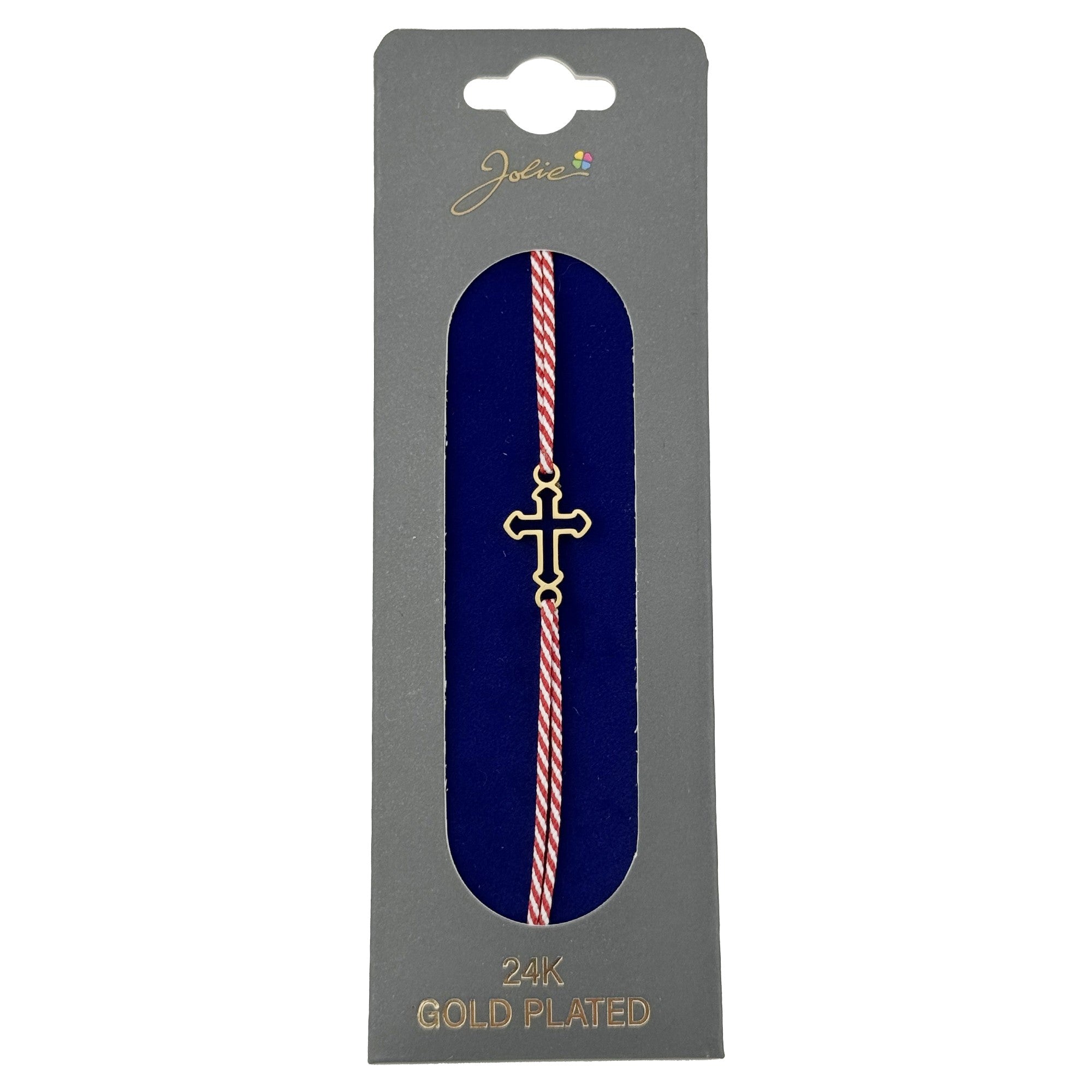 Bratara Placata cu Aur 24k, Jolie, Model CRUCE, Martisor Bratara, cu Snur Alb/Rosu, Auriu