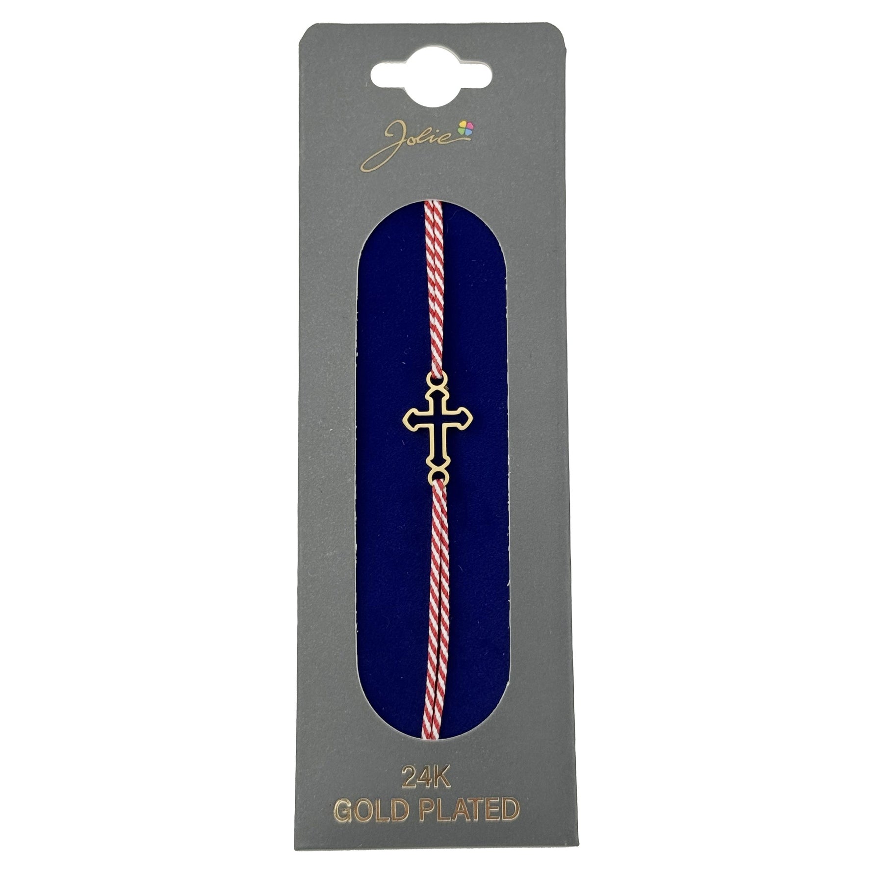 Bratara Placata cu Aur 24k, Jolie, Model CRUCE, Martisor Bratara, cu Snur Alb/Rosu, Auriu