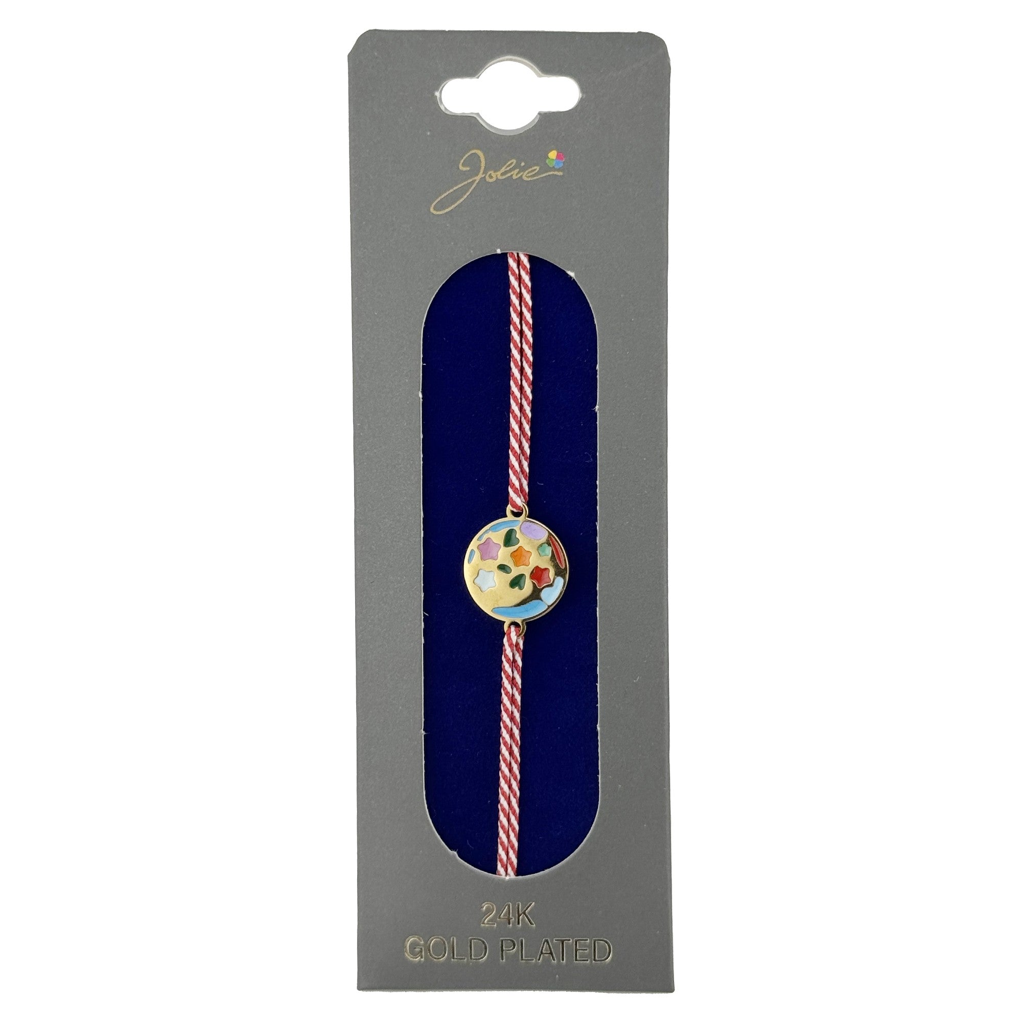 Bratara Placata cu Aur 24k, Jolie, Model GLOB cu STELE, Martisor Bratara, cu Snur Alb/Rosu, Auriu