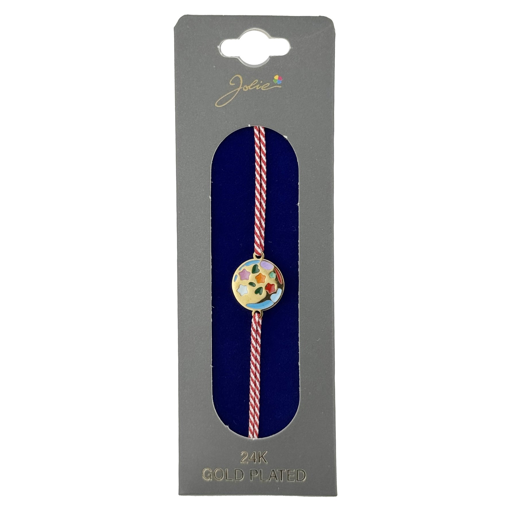 Bratara Placata cu Aur 24k, Jolie, Model GLOB cu STELE, Martisor Bratara, cu Snur Alb/Rosu, Auriu