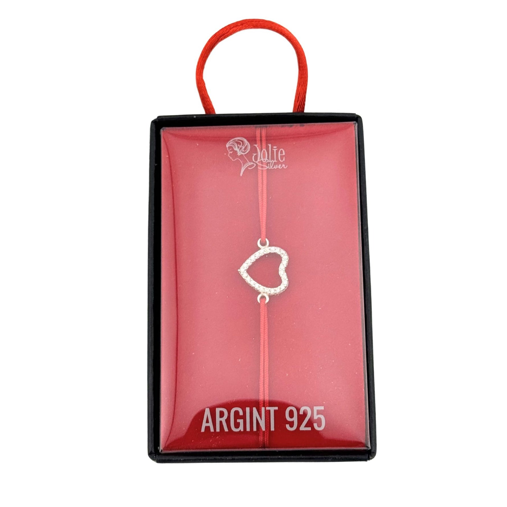 Bratara Snur Reglabil, Jolie Silver, pentru Dama, Pandantiv din Argint 925, Model Inima Contur cu Pietre Mici din