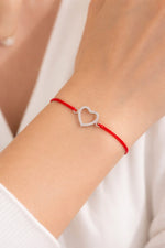 Bratara Snur Reglabil, Jolie Silver, pentru Dama, Pandantiv din Argint 925, Model Inima Contur cu Pietre Mici din