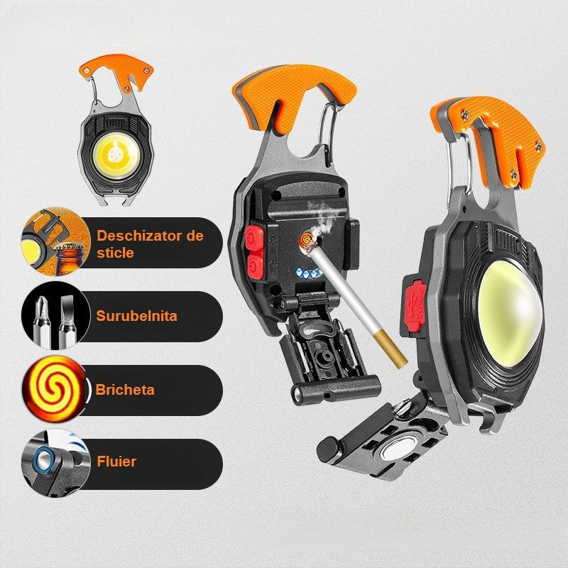 Breloc Multifunctional, Flippy, Model W5147, Kit Supravietuire, Lanterna, Bricheta, Fluier, din ABS/Aluminiu,
