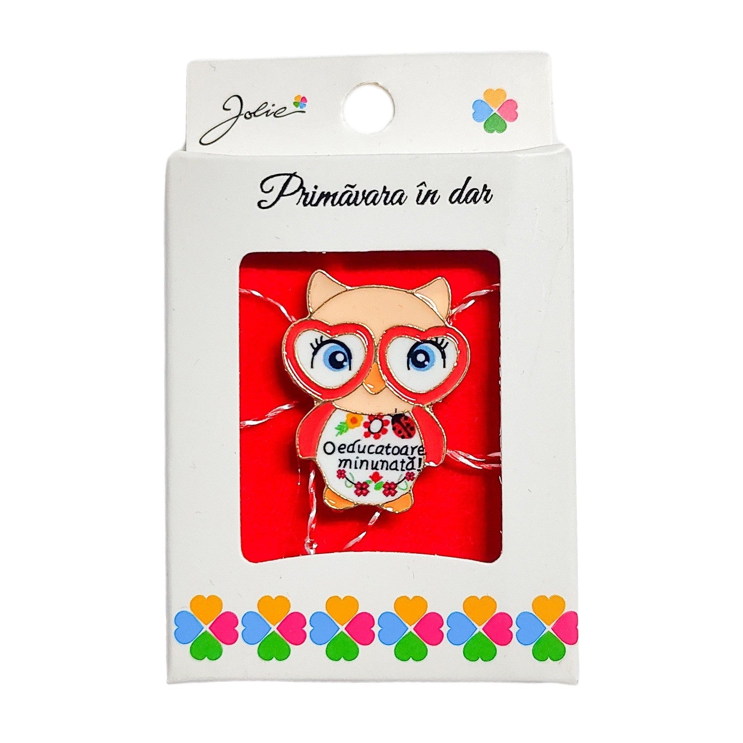Martisor Brosa Mica in Cutie, Jolie, Model Bufnita O Educatoare Minunata, Metal, 5 x 3 cm, Multicolor
