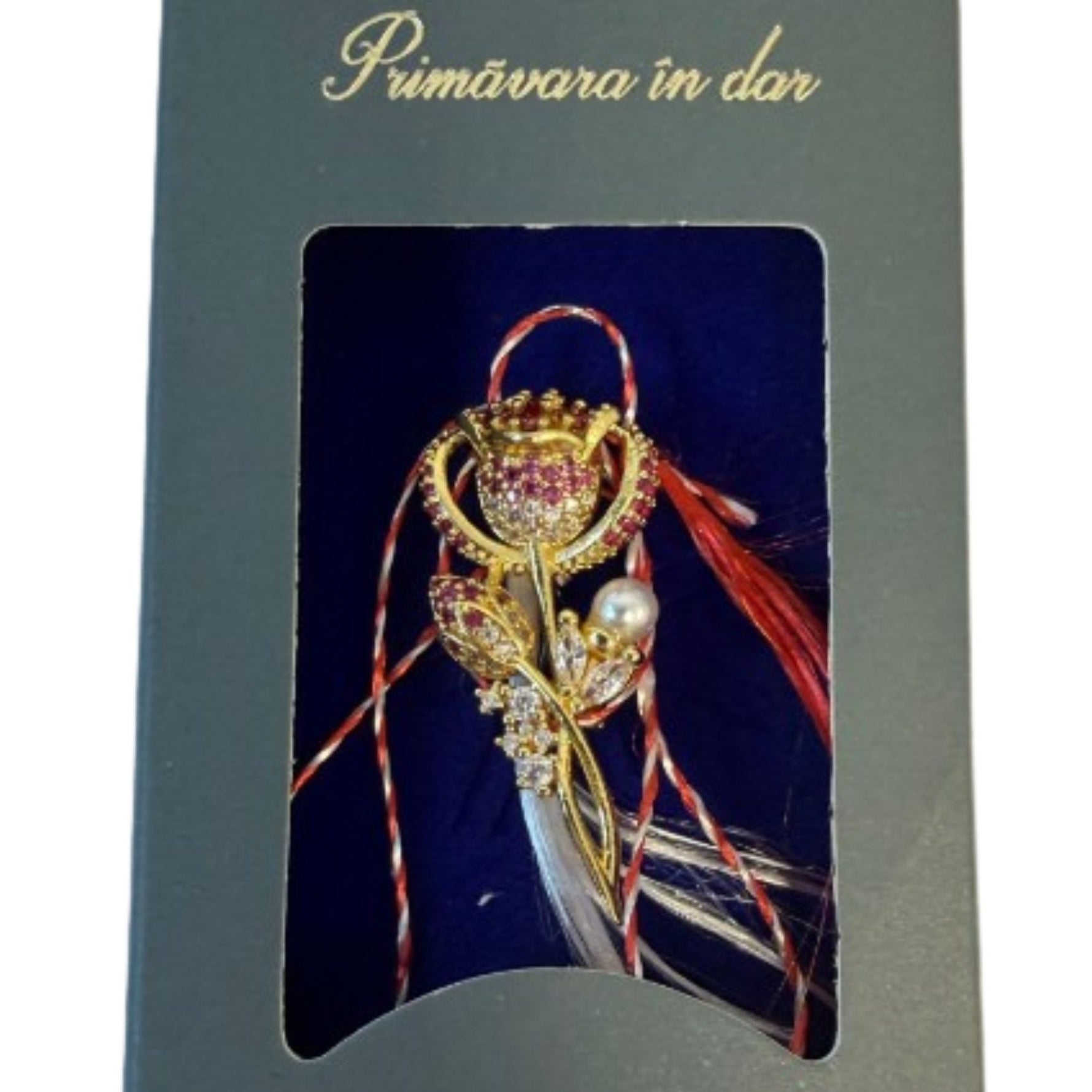 Martisor cu Brosa Placata cu Aur 24K, Jolie, Ambalaj Carton cu Design, Material Metal, Model Floare, Dimensiune Brosa