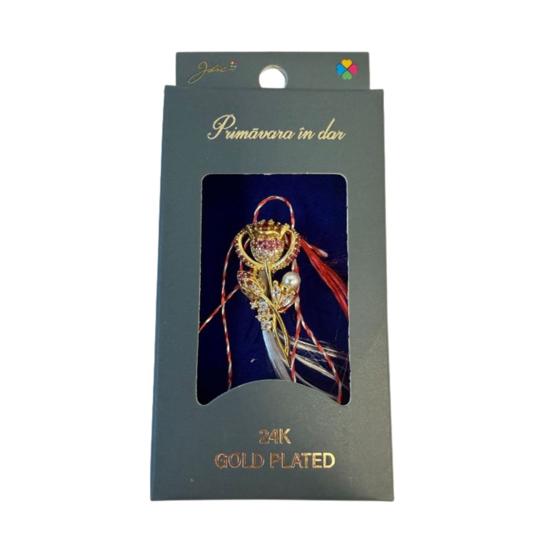 Martisor cu Brosa Placata cu Aur 24K, Jolie, Ambalaj Carton cu Design, Material Metal, Model Floare, Dimensiune Brosa
