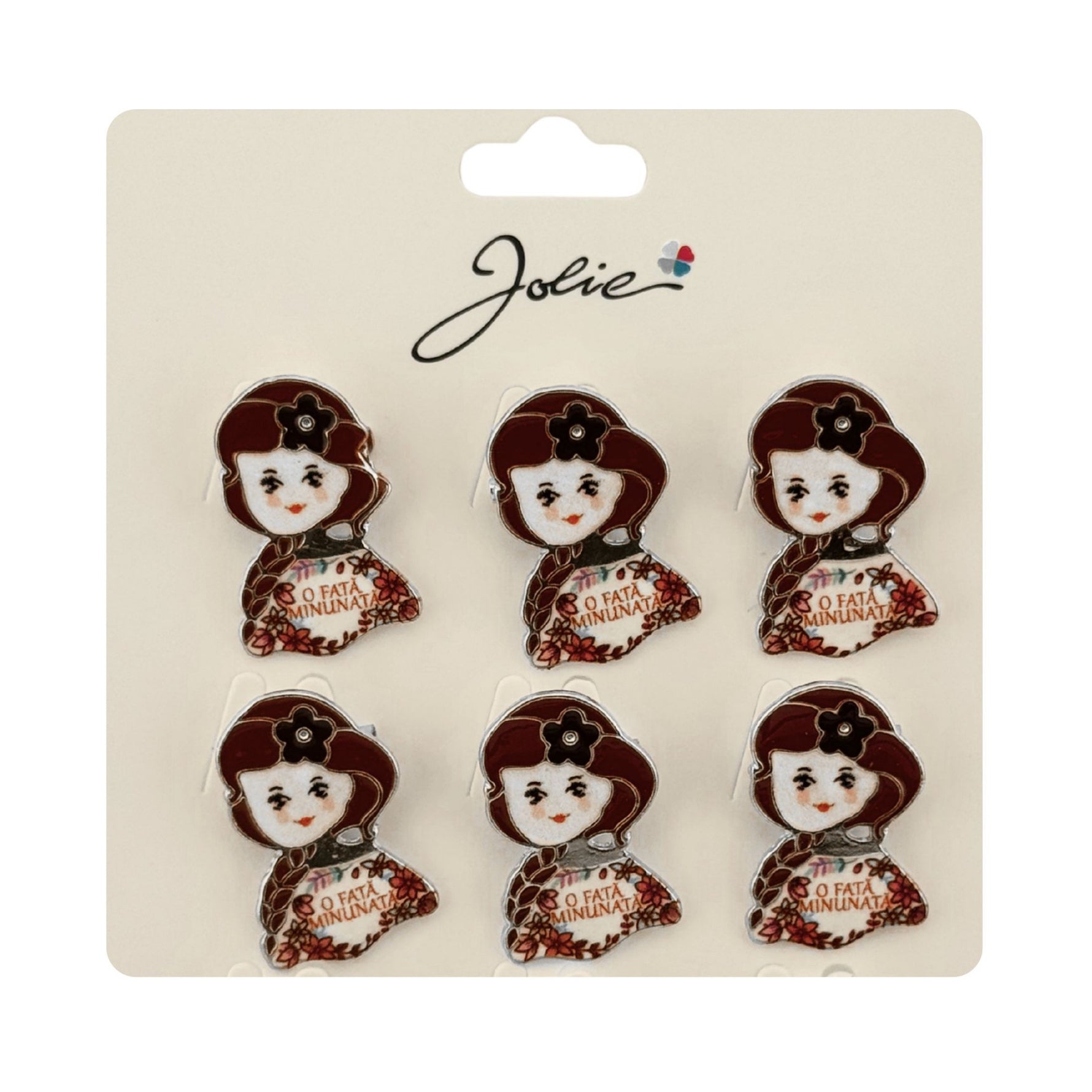 Brose Martisor Primavara, Jolie, Set 12 Bucati, Model cu Mesaj O Fata Minunata, Brosa din Metal, 3 x 2 cm per Bucata,