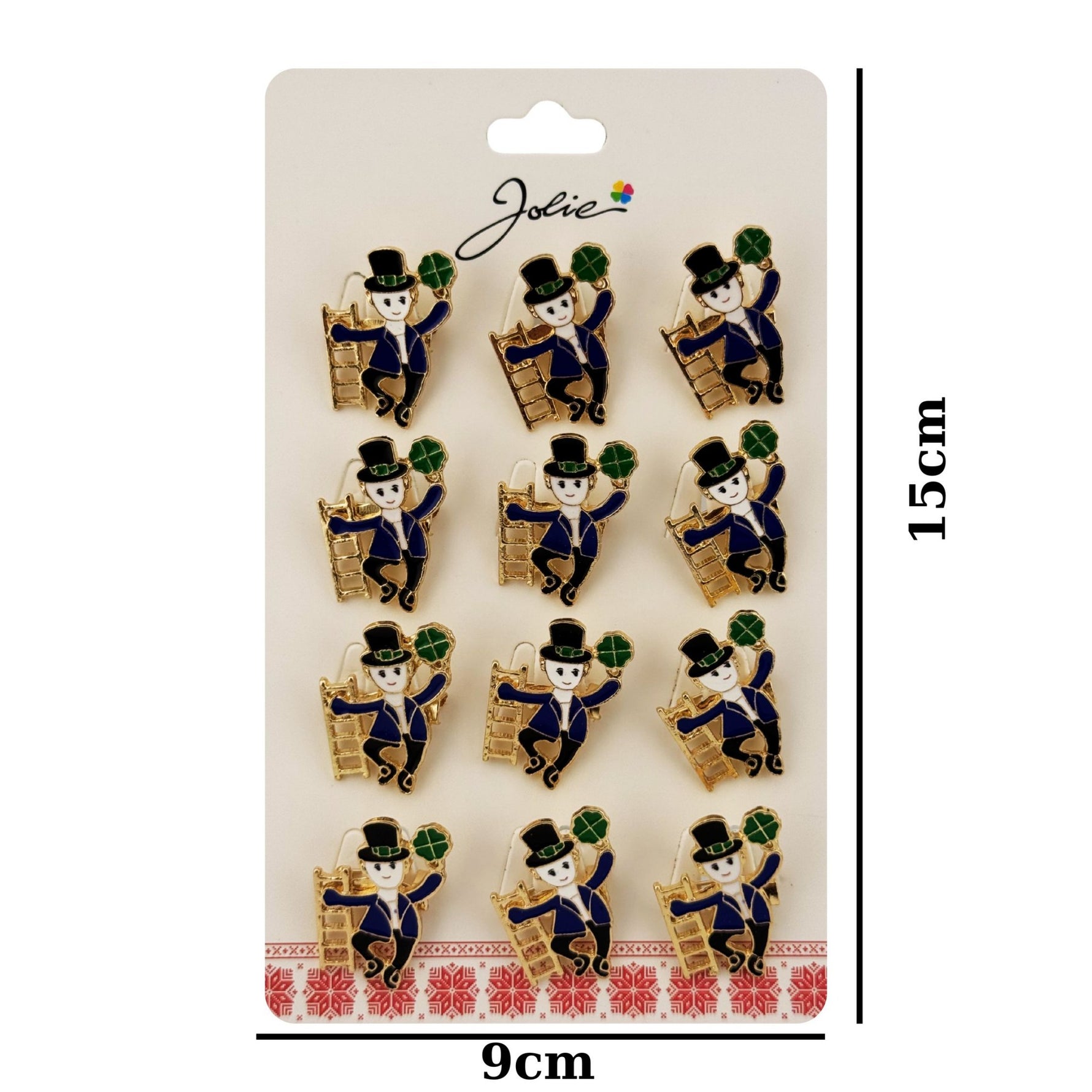 Brose Martisor Primavara Jolie, Set 12 Bucati, Model Elf cu Trifoi Norocos, Brosa din Metal, 3 x 2 cm per Bucata,