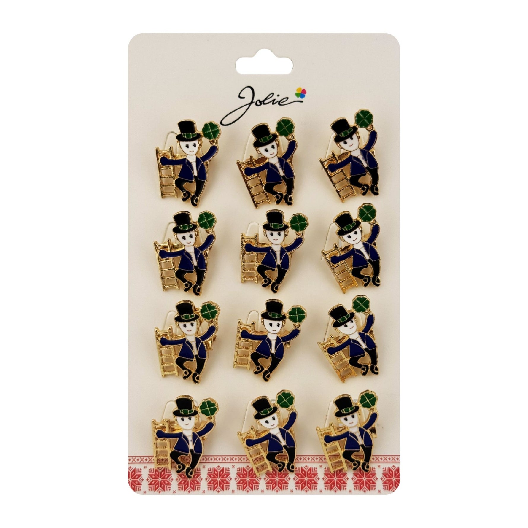 Brose Martisor Primavara Jolie, Set 12 Bucati, Model Elf cu Trifoi Norocos, Brosa din Metal, 3 x 2 cm per Bucata,