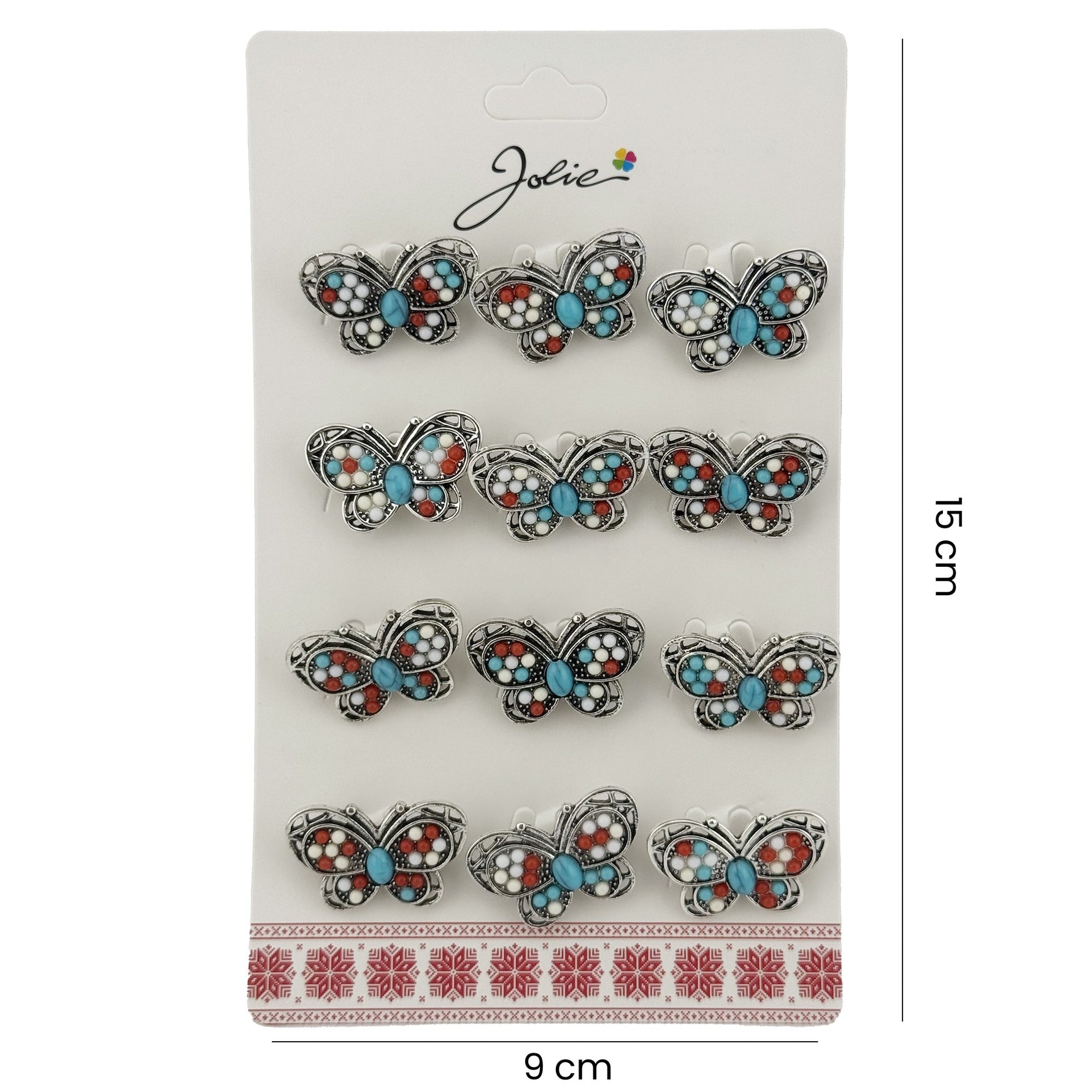 Brose Martisor Primavara, Jolie, Set 12 Bucati, Model Fluture cu Pietre, Brosa din Metal, 3 x 2 cm per Bucata, Argintiu