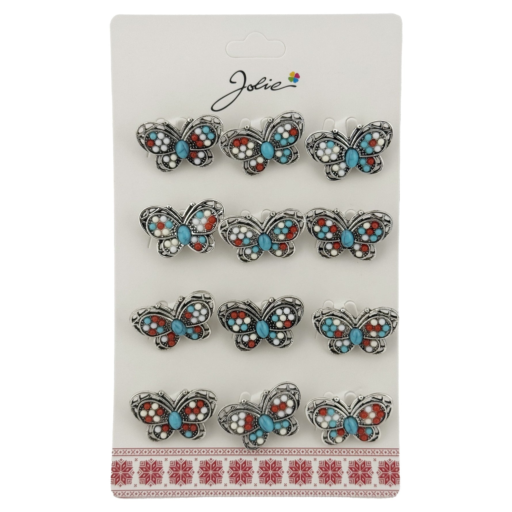 Brose Martisor Primavara, Jolie, Set 12 Bucati, Model Fluture cu Pietre, Brosa din Metal, 3 x 2 cm per Bucata, Argintiu