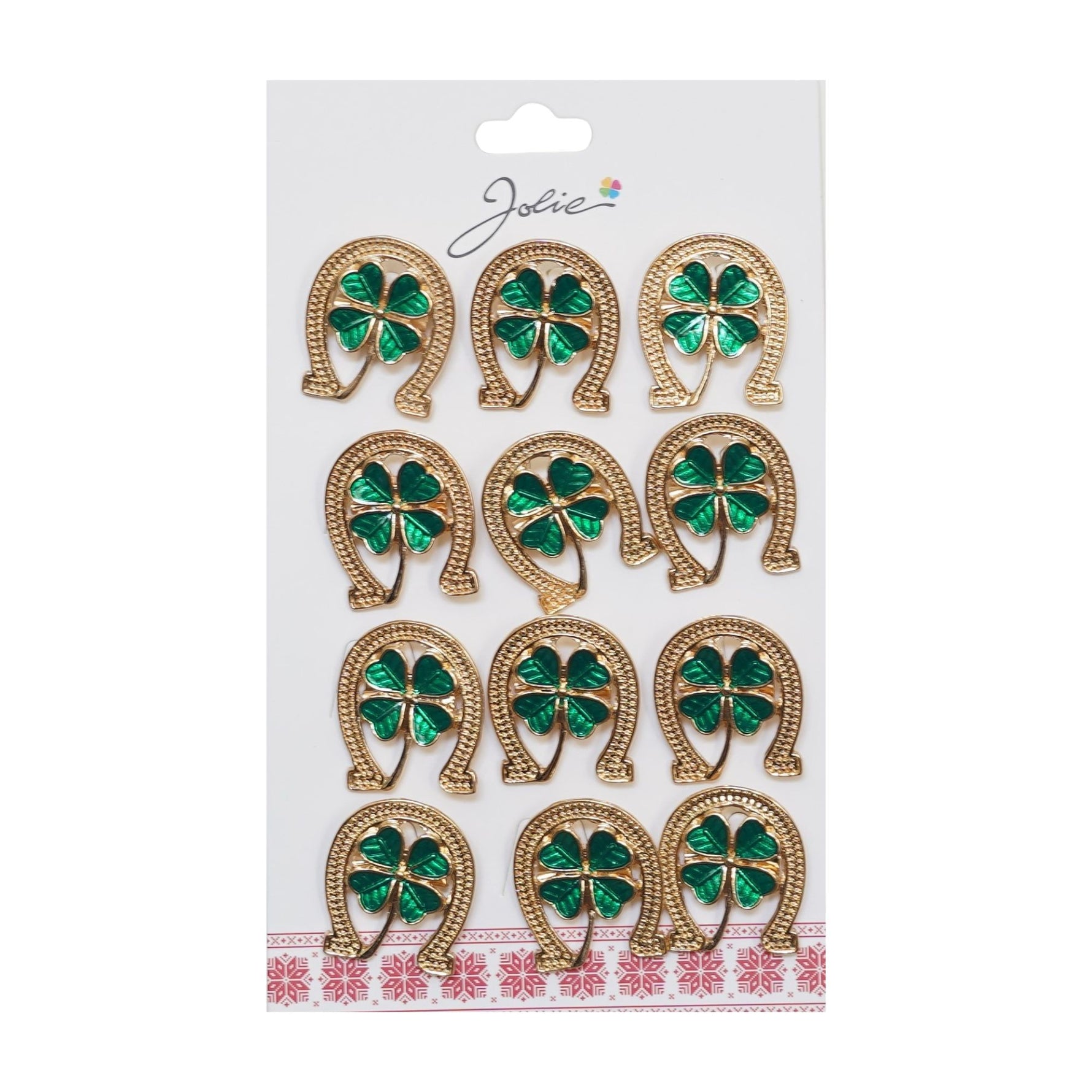 Brose Martisor Primavara, Jolie, Set 12 Bucati, Model Potcoava cu Trifoi, Brosa din Metal, 3 x 2 cm per Bucata,