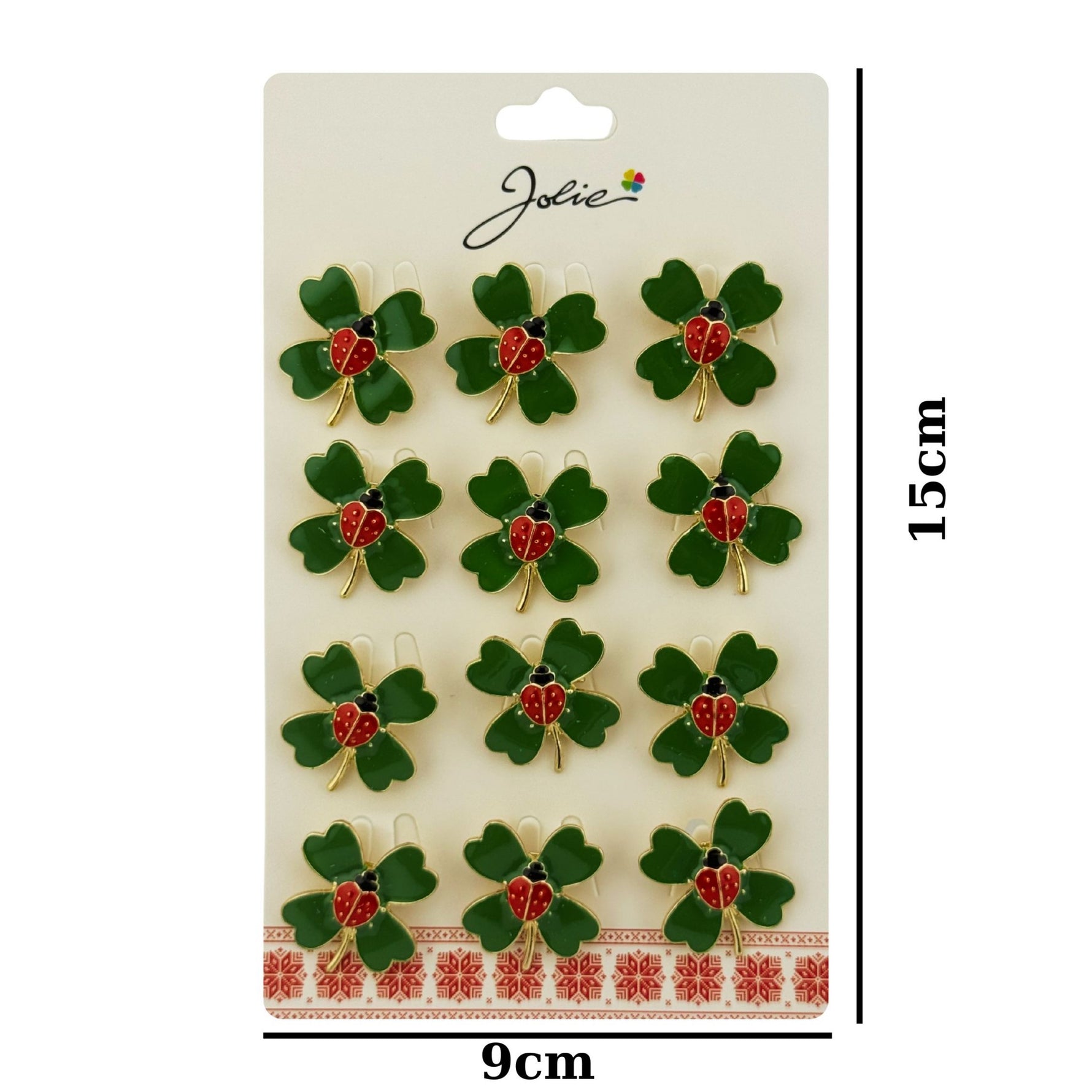 Brose Martisor Primavara, Jolie, Set 12 Bucati, Model Trifoi cu Buburuza, Brosa din Metal, 2.5 x 2.5 cm per Bucata,