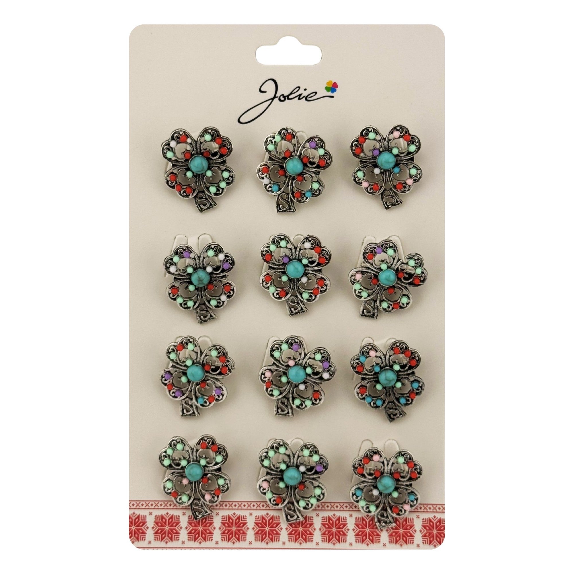 Brose Martisor Primavara, Jolie, Set 12 Bucati, Model Trifoi cu Pietre Decorative, Brosa din Metal, Dimensiune 3 x 2 cm