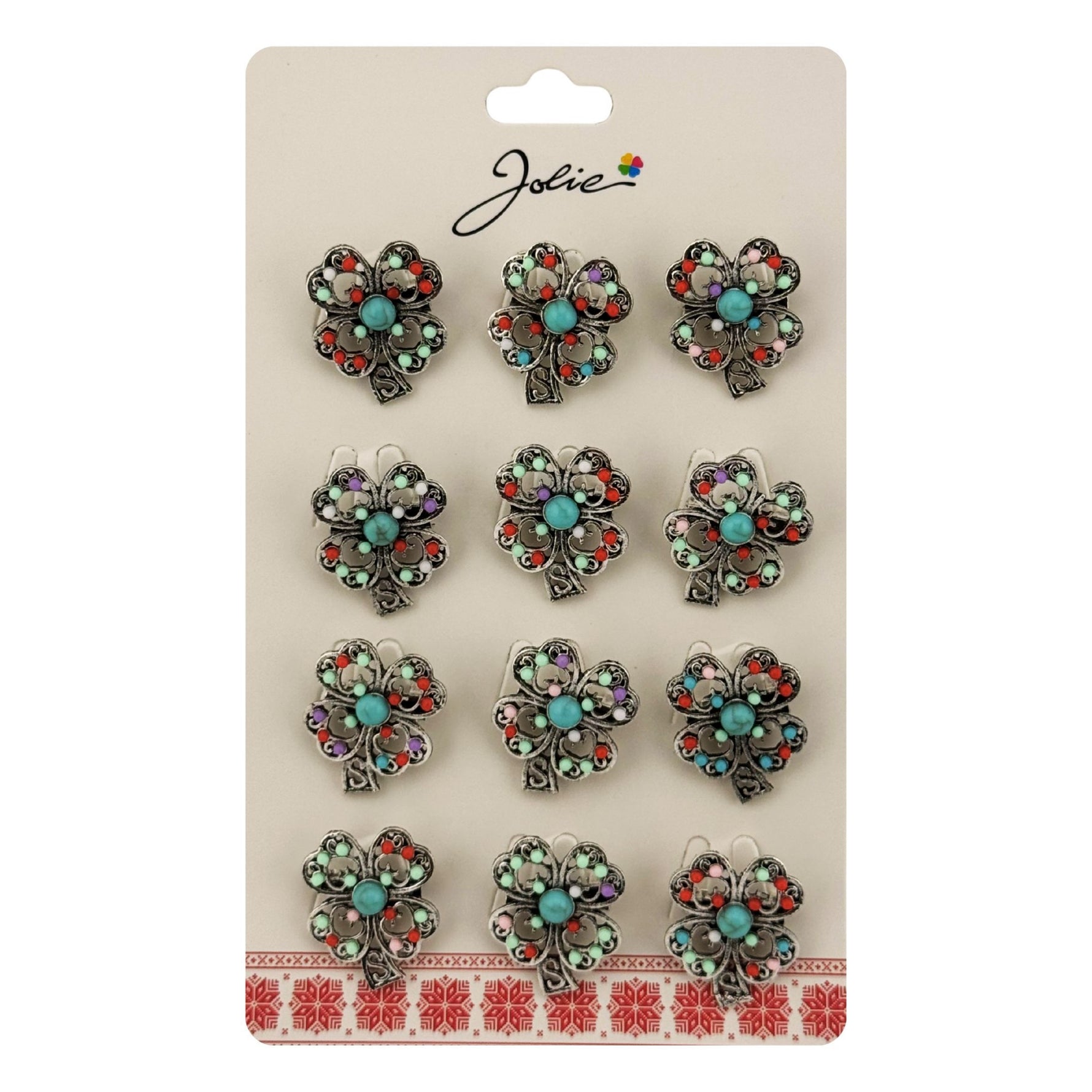 Brose Martisor Primavara, Jolie, Set 12 Bucati, Model Trifoi cu Pietre Decorative, Brosa din Metal, Dimensiune 3 x 2 cm