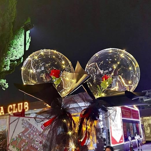Buchet Decorativ, Flippy, Trandafir in Balon cu Lumini Led, Diametru 35 cm, 2 x Baterii AA (neincluse), Rosu/Negru